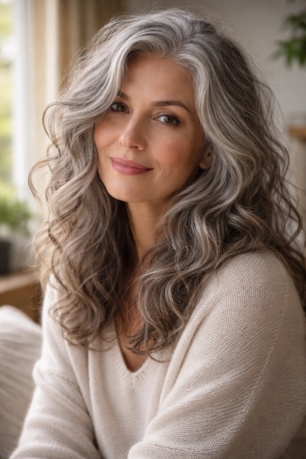 Close-up of a real woman with loose silver waves around her face.