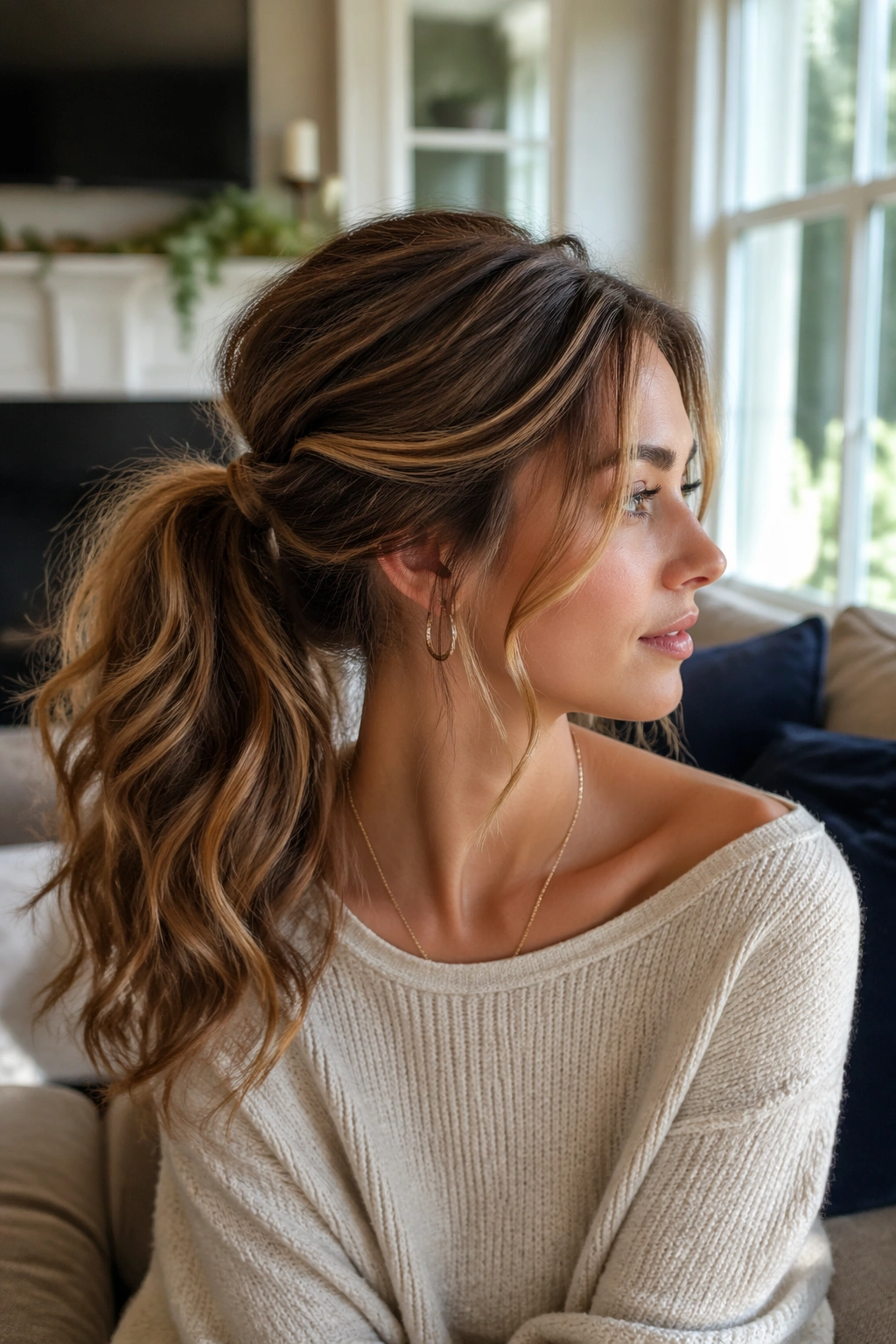 Close-up of a real woman with a loose romantic swoop ponytail