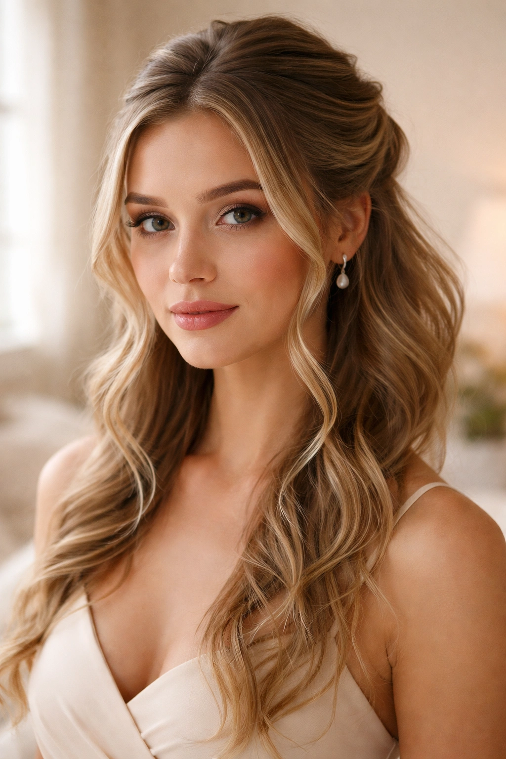 Close-up of loose tendril half-up hairstyle on a real woman