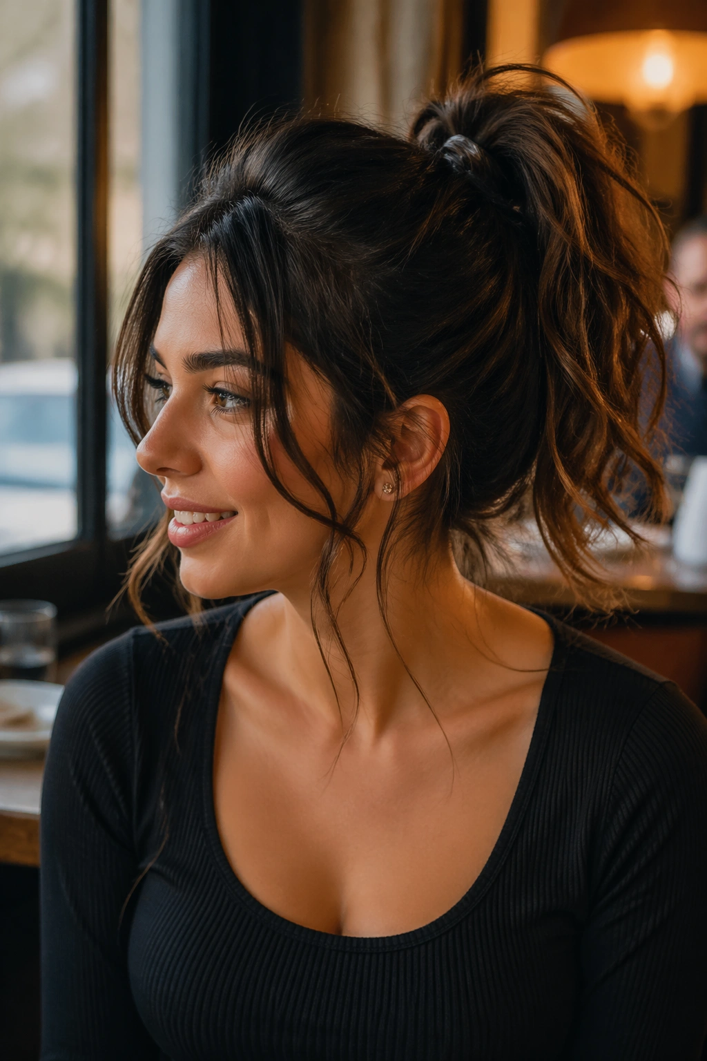 Close-up of a real woman with loose tendrils framing her high ponytail in warm light.