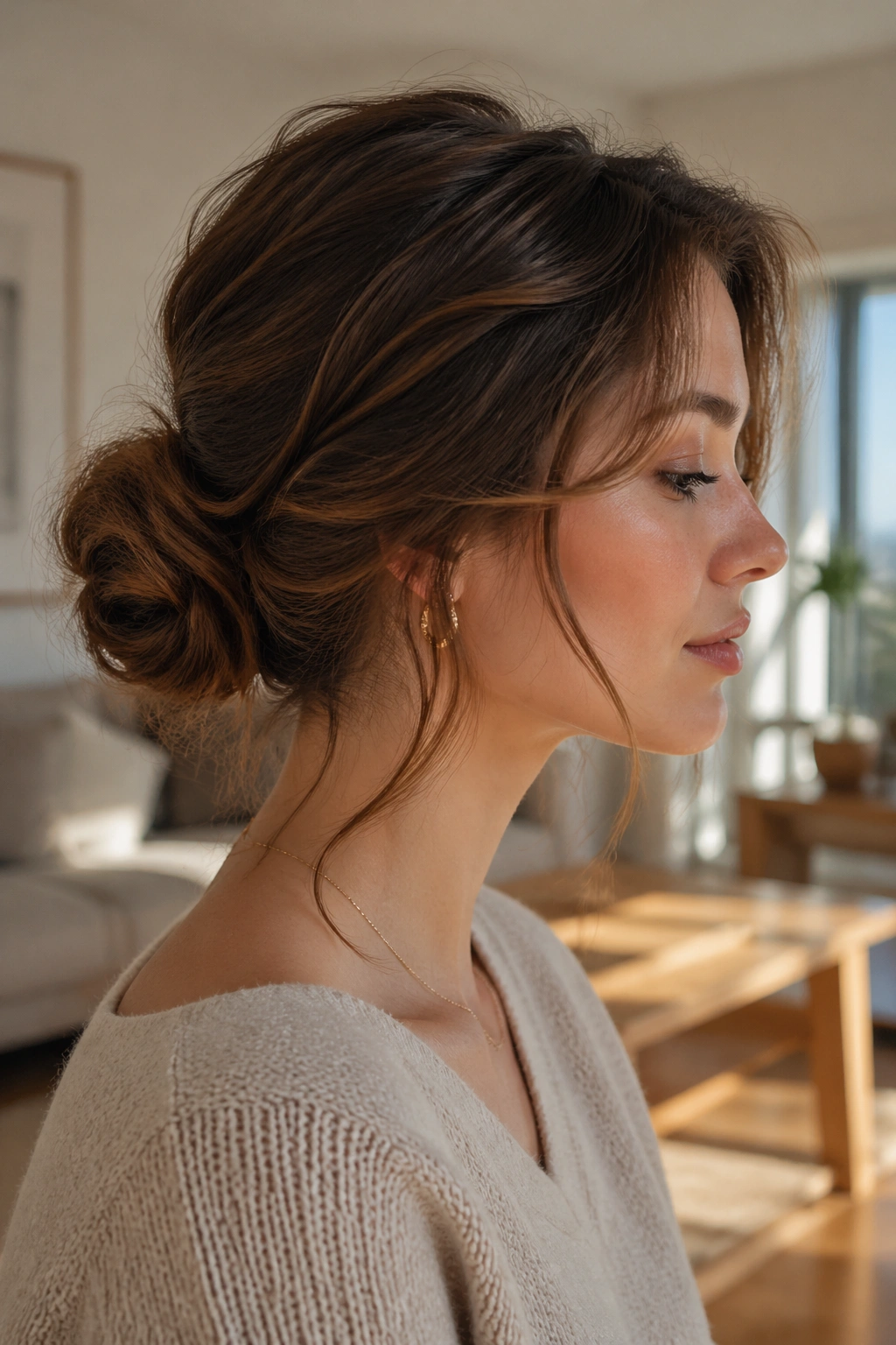 Close-up of a real woman with a loose textured ballet bun and soft waves