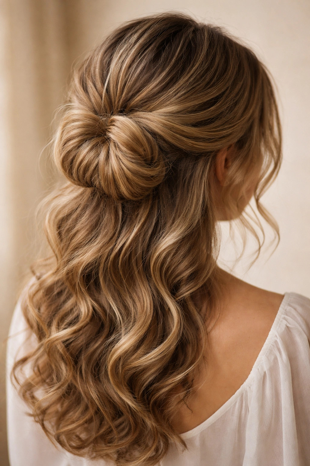 Loose romantic tucked bun with curled texture and soft silhouette