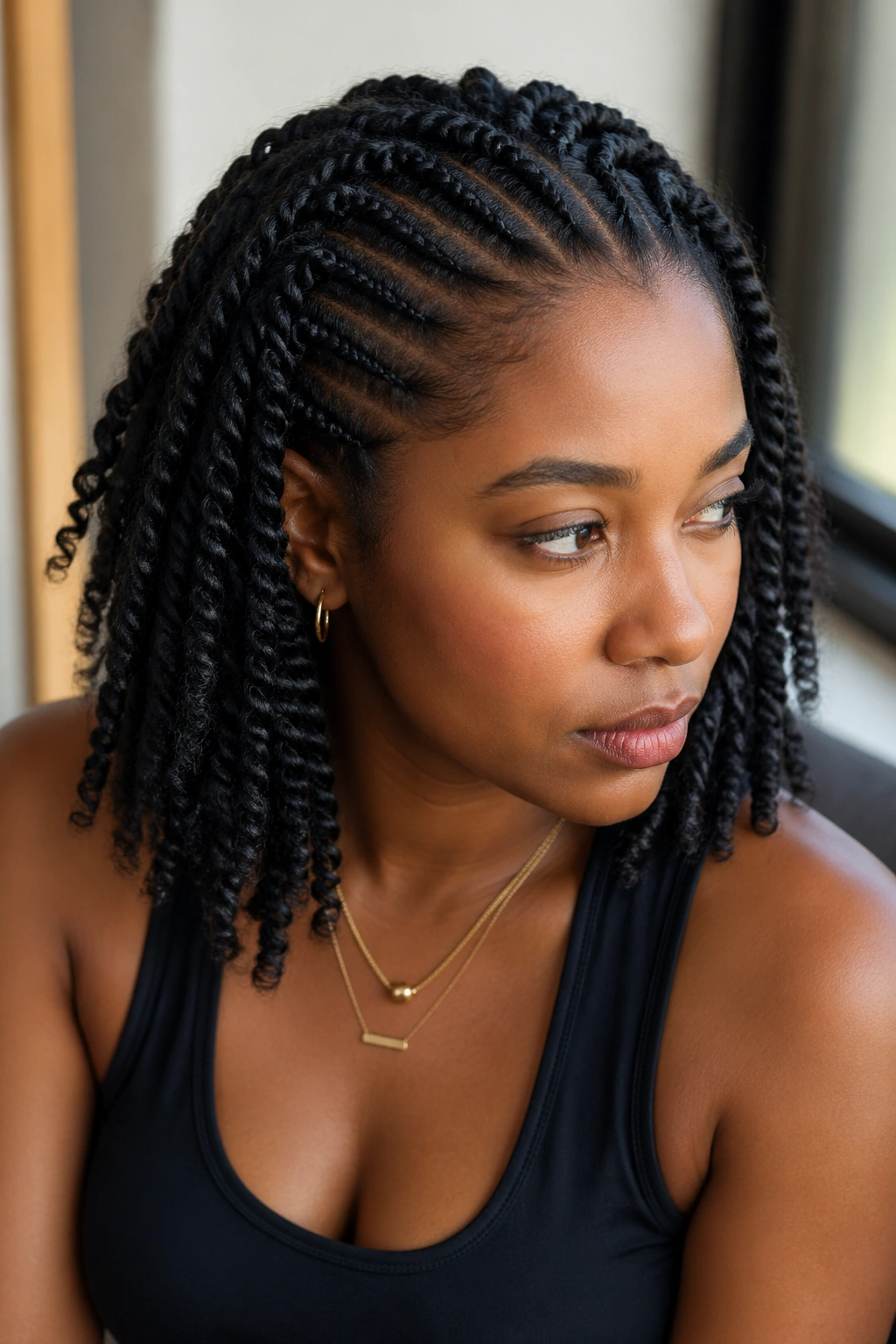 Close-up of a real woman with half cornrows and loose two-strand twists hanging