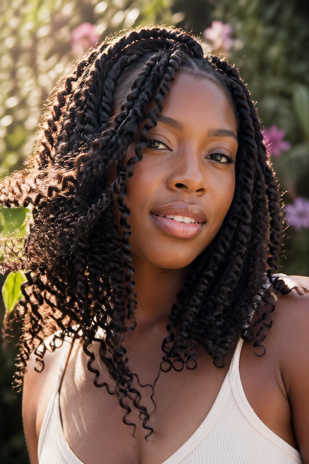 Real woman with loose two-strand twists and voluminous curls outdoors