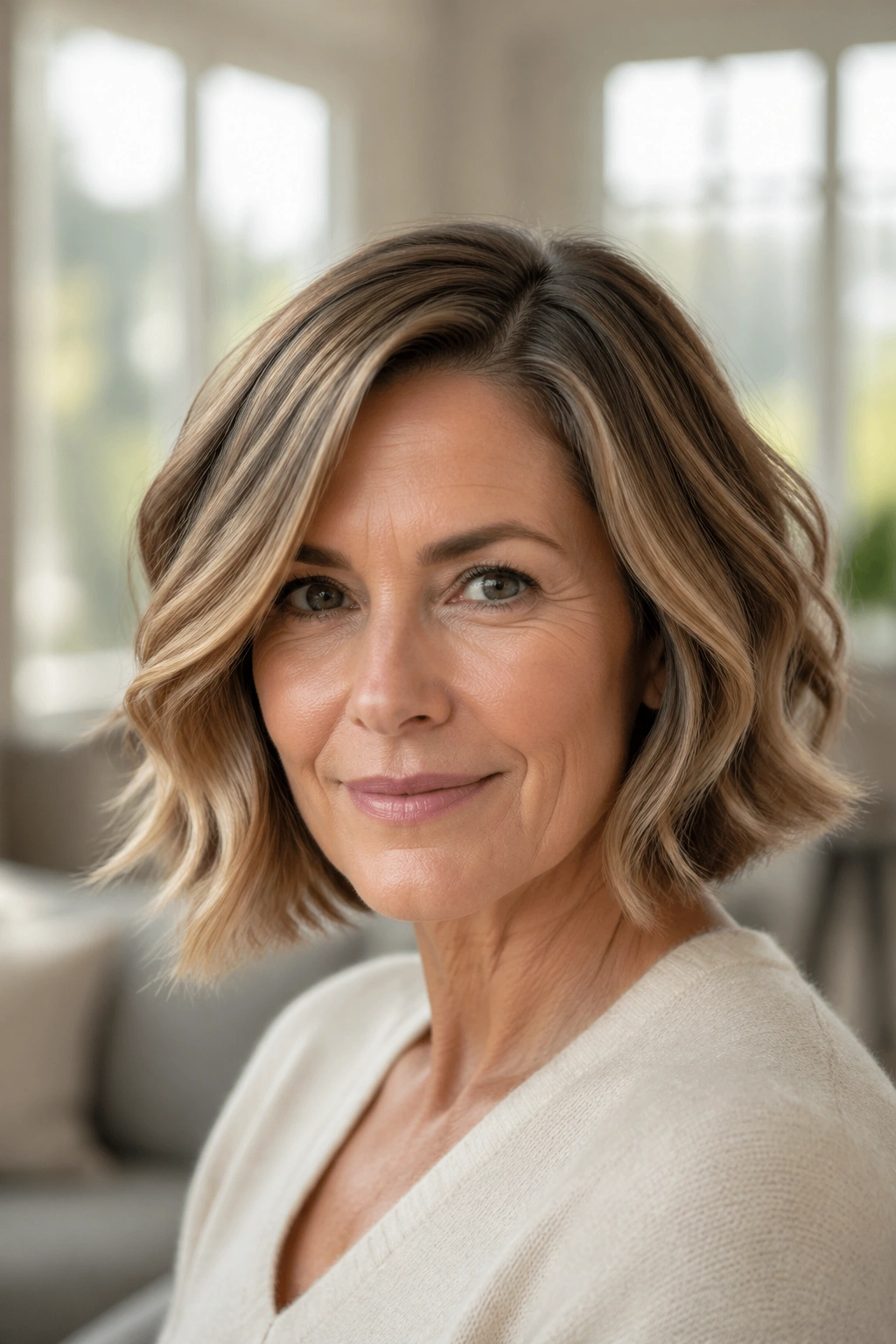 Close-up portrait of a woman with a loose-wave bob and smooth top