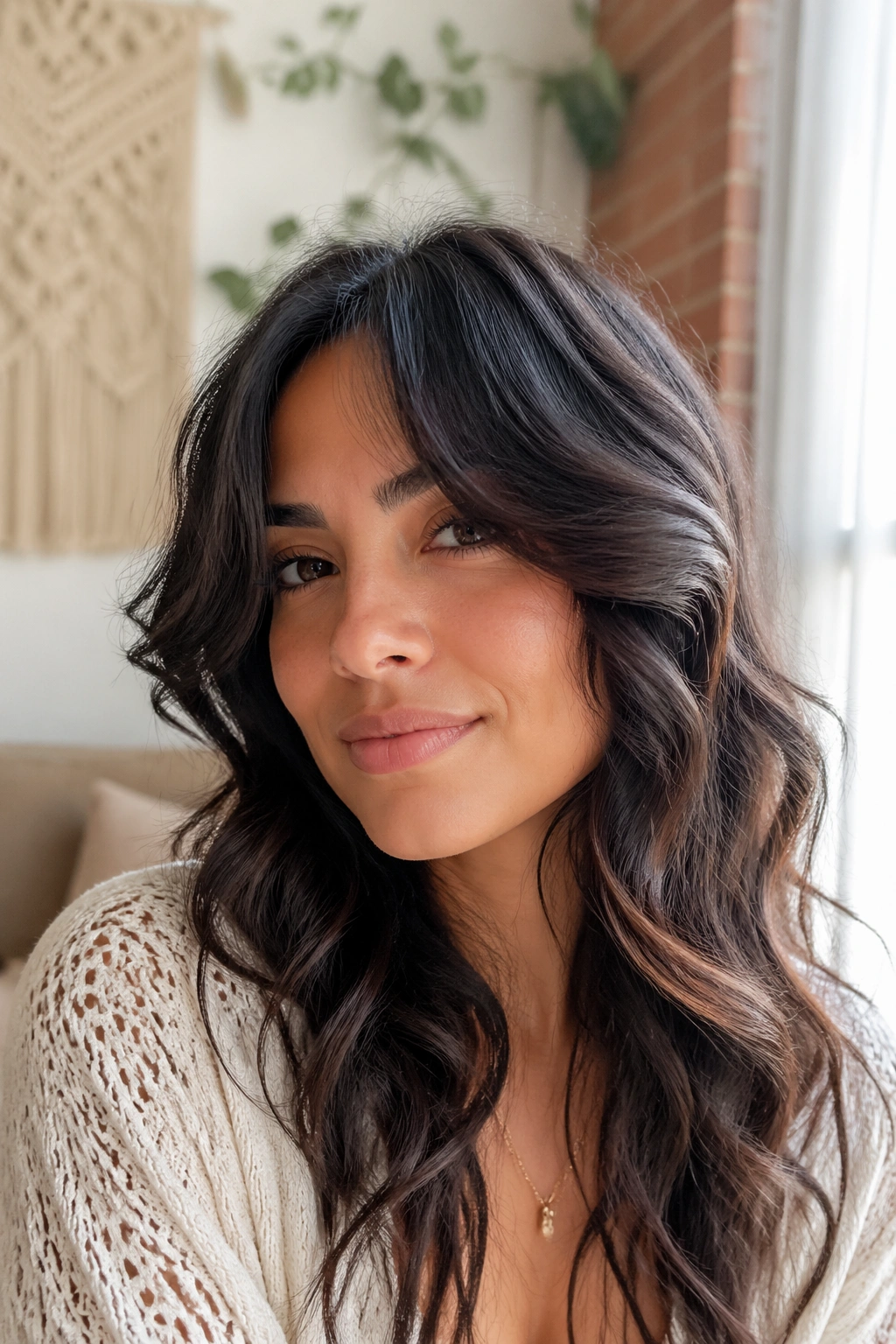 Close-up of a real person with loose wave curtain bangs framing the face