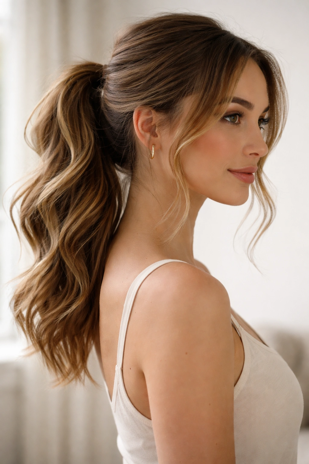 Mid ponytail with loose irregular waves and soft ends