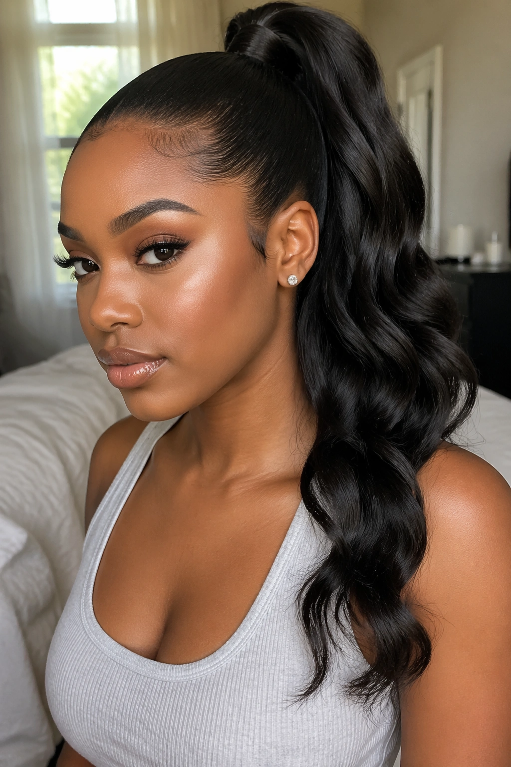 Close-up of a real woman's loose wave weave ponytail with smooth roots