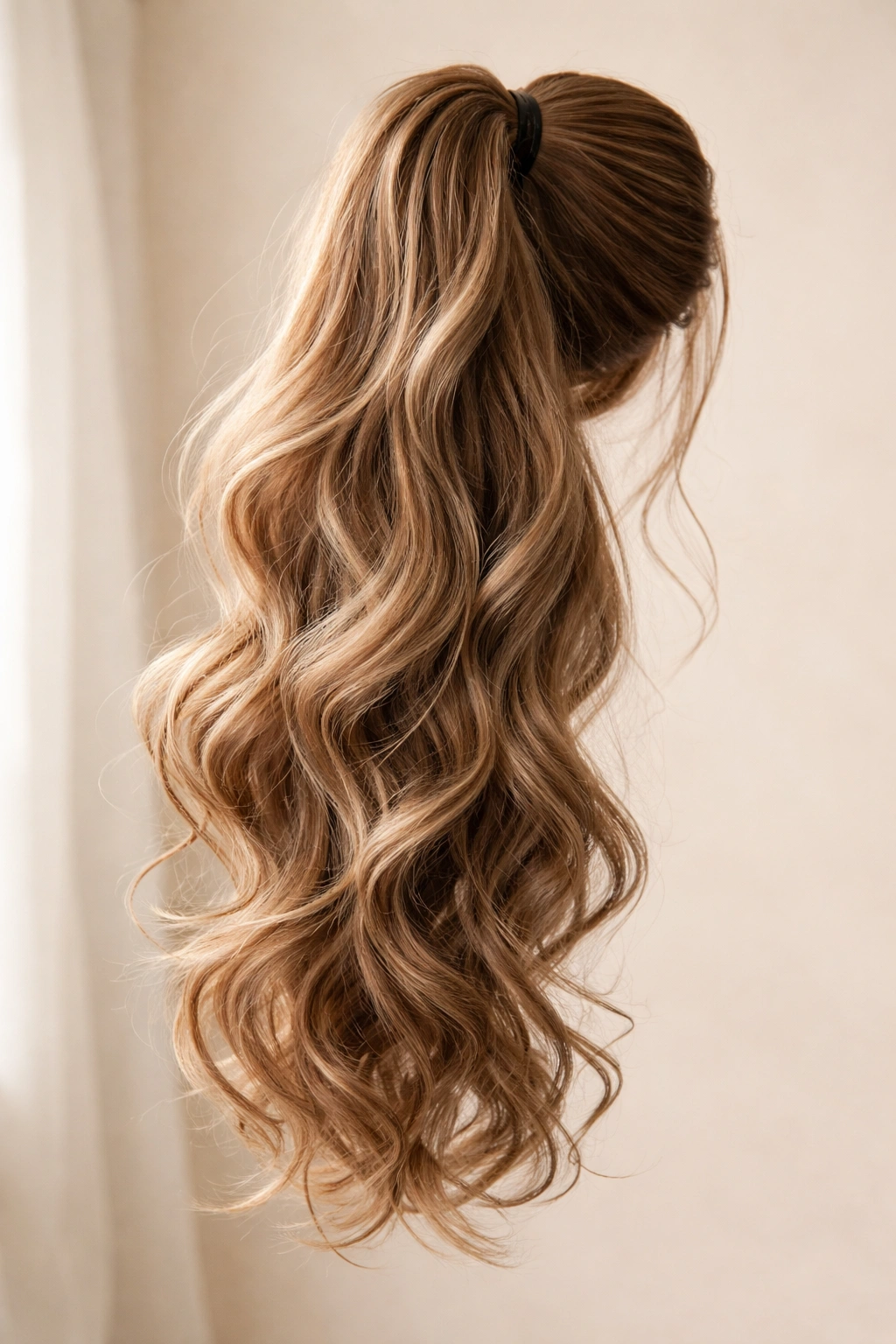 Close-up of loose wave ponytail extension with relaxed waves against a neutral backdrop