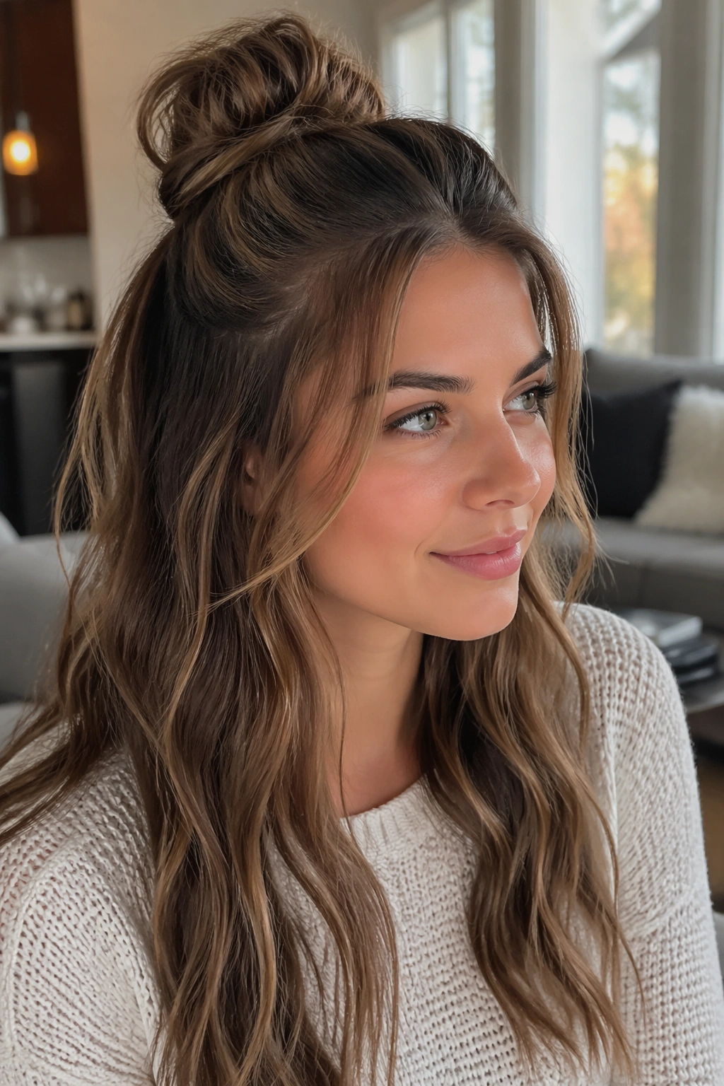 Close-up of a real woman with loose waves and half-up bun by window light