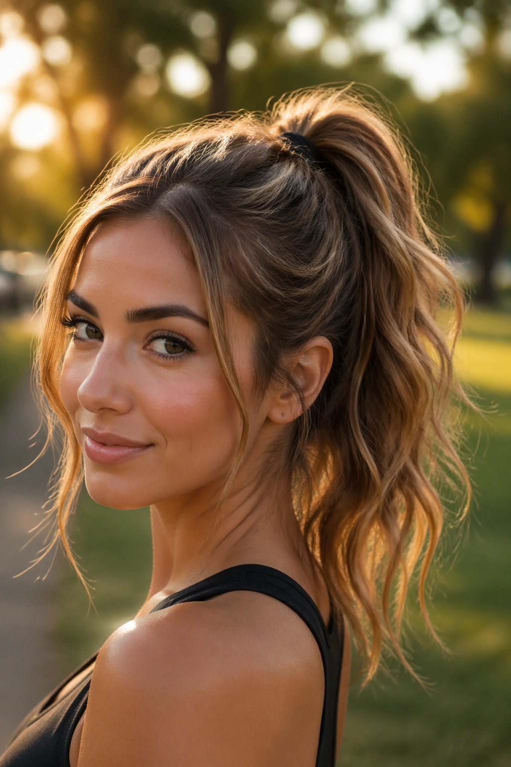 Close-up of a real woman with loose waves in a high ponytail during golden hour