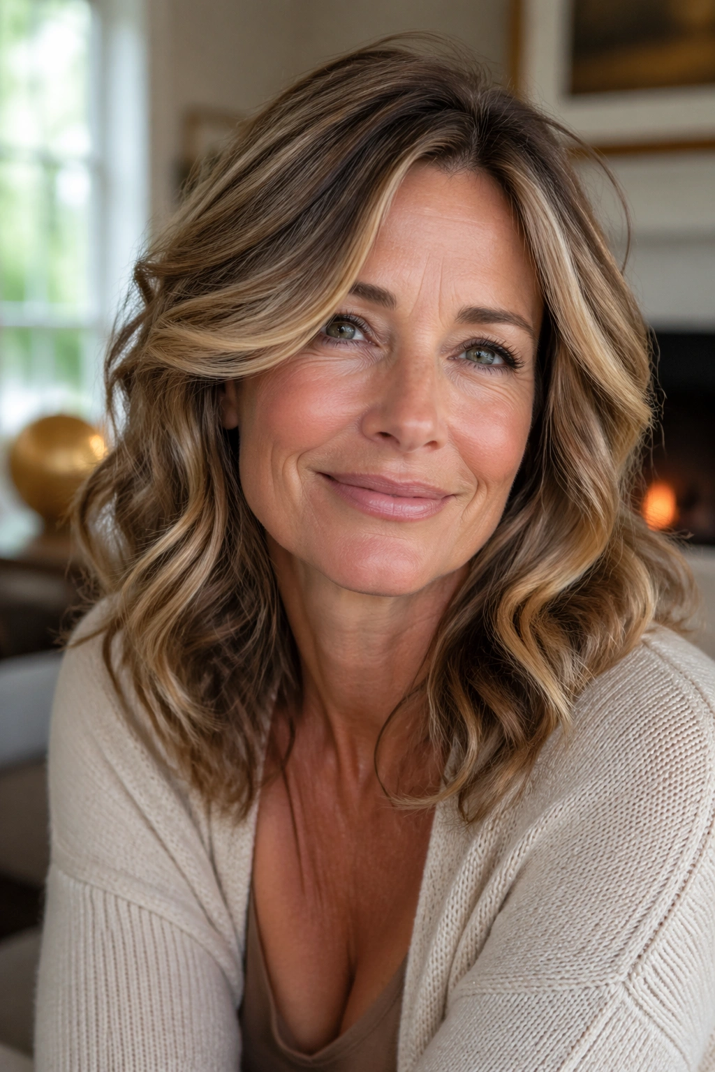 Close-up portrait of a real woman with highlight-friendly layered hair and loose waves framing her face