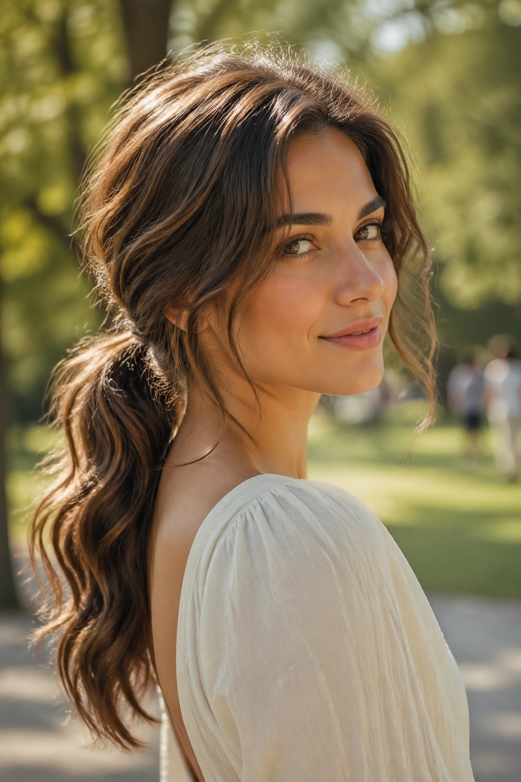 Close-up of a woman with a loose wavy ponytail in natural outdoor light