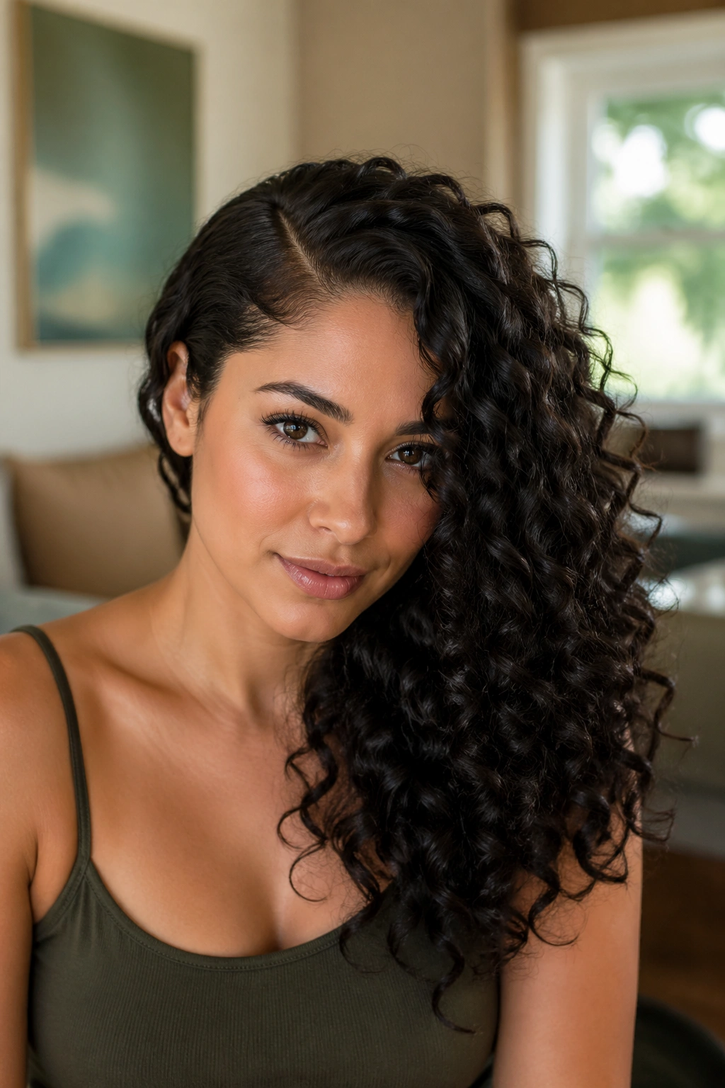 Close-up of a real woman with a dramatic off-center side part and voluminous curls