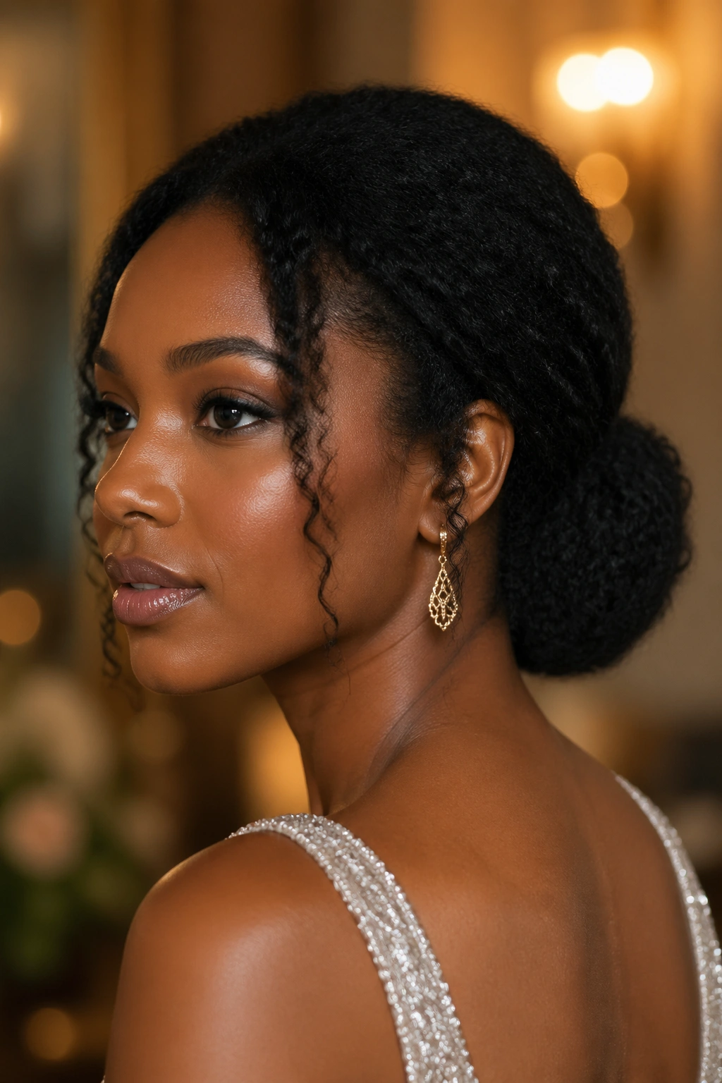 Close-up of a real woman with a low Afro bun at the nape