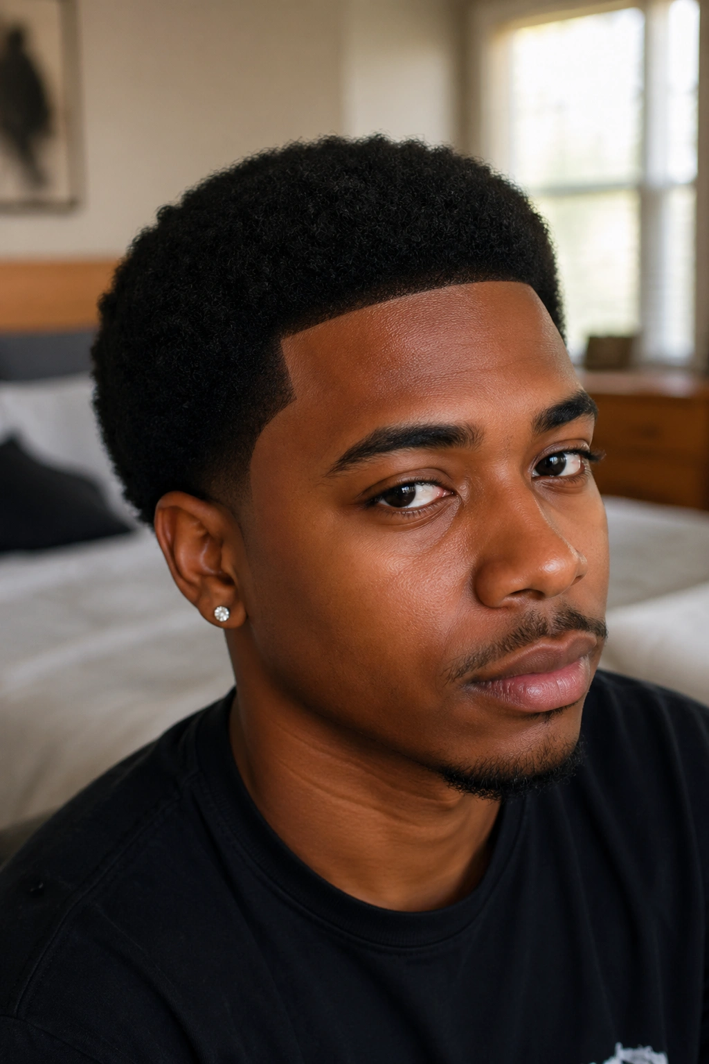 Close-up of a real person with a low afro and clean shape-up along the hairline.
