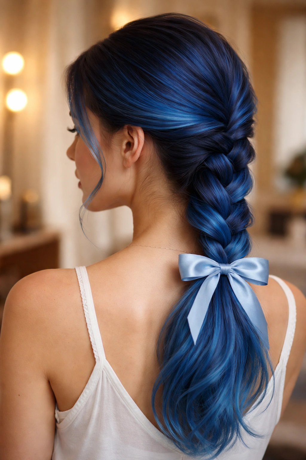 Real person with low blue braided ponytail and satin ribbon, side profile