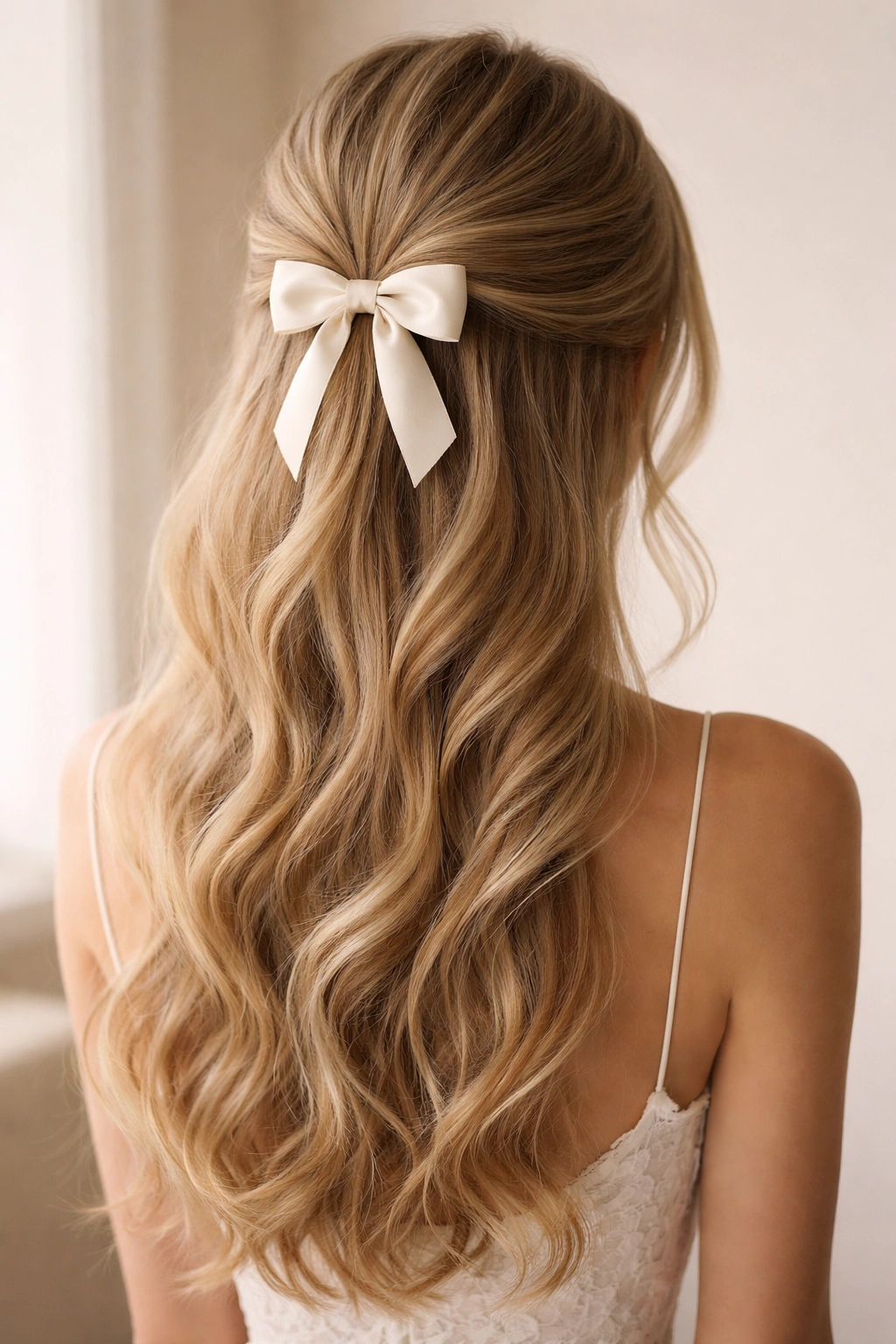 Low bow half-up hairstyle with satin ribbon