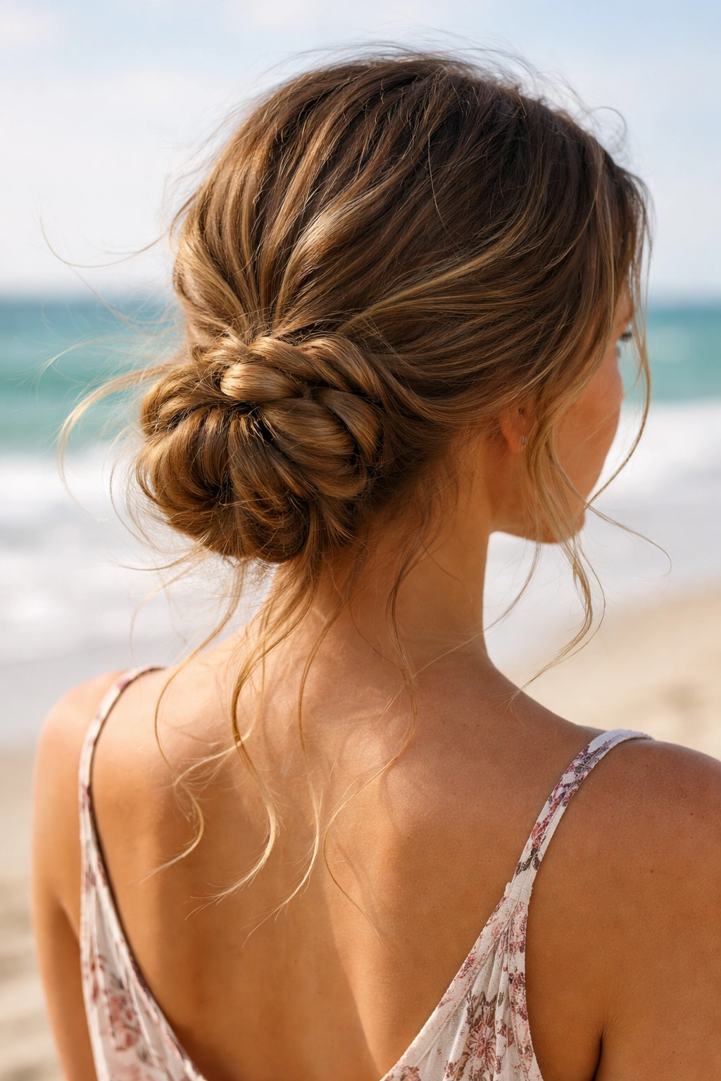 Portrait of a woman with a low braided bun on a windy beach
