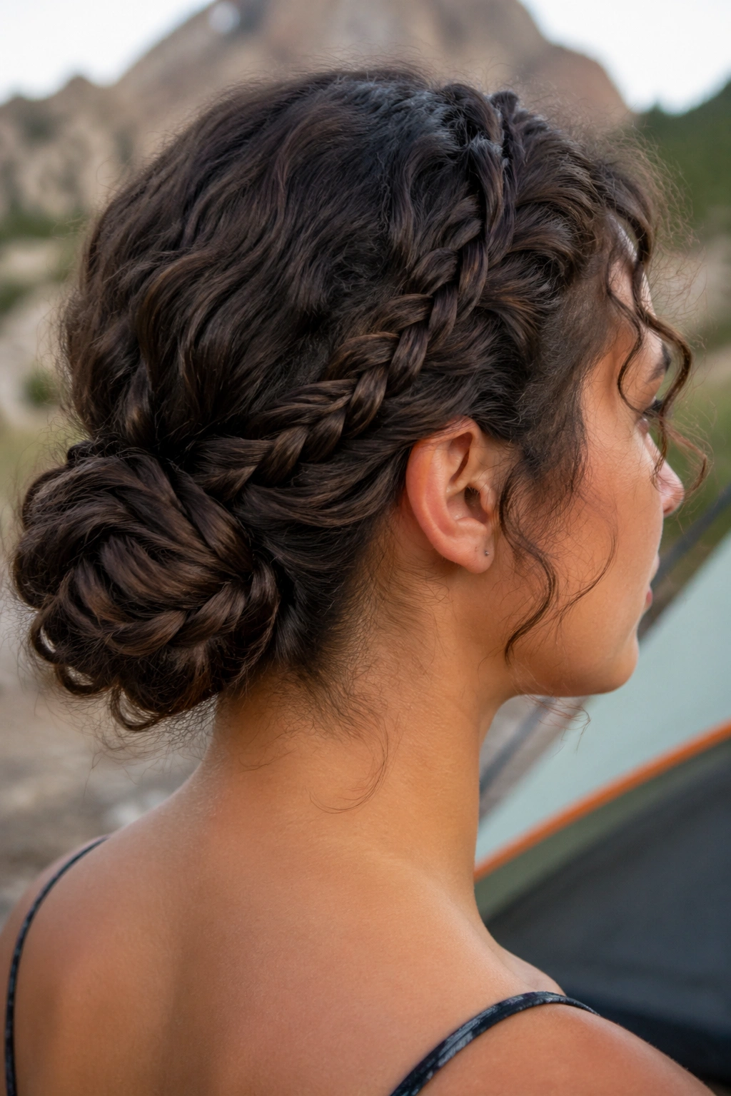 Portrait of a person with a low braided bun at the nape outdoors