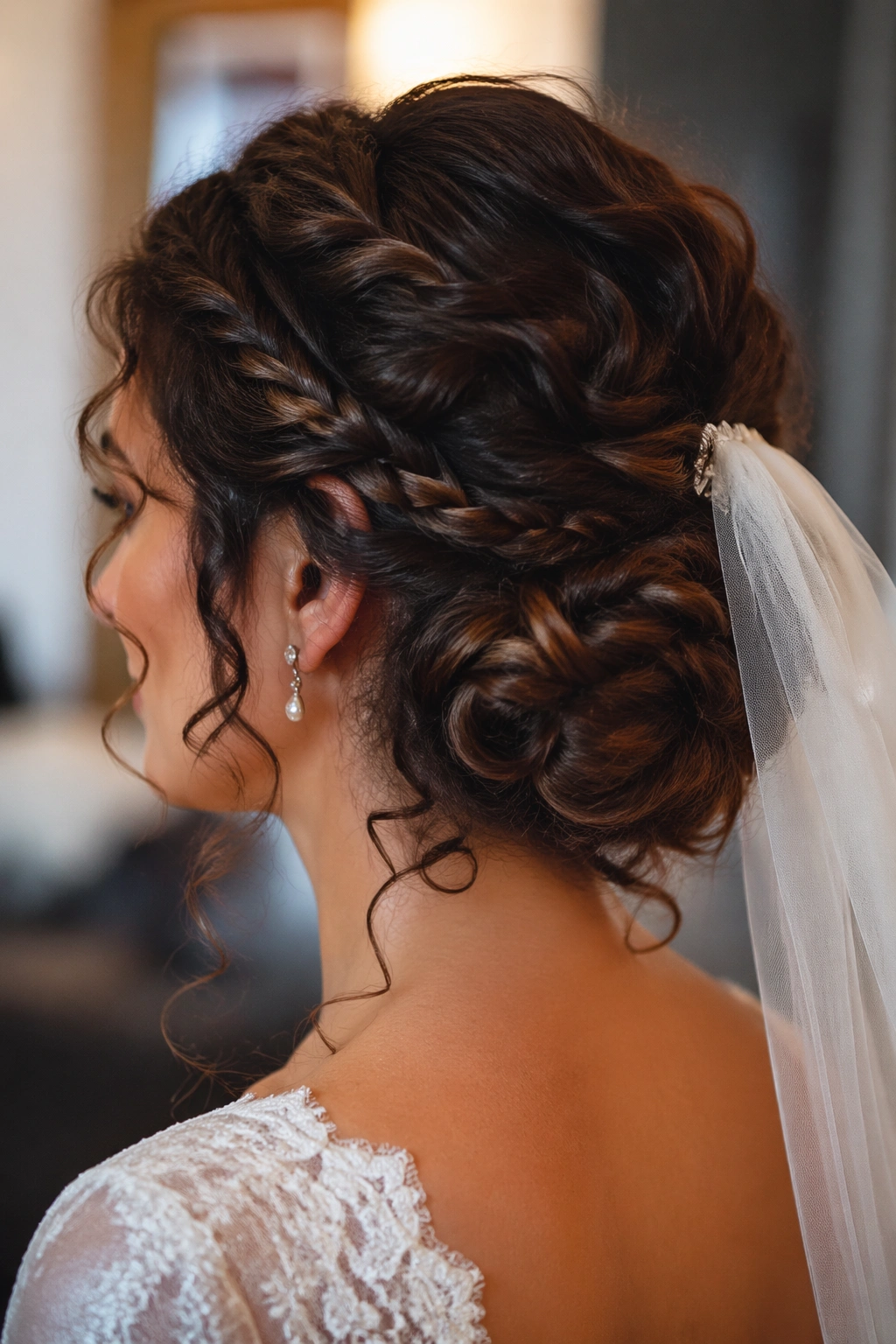 Bride with low braided bun and curling wrap