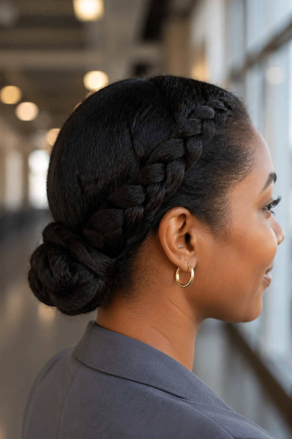 Real person with a low braided bun in a workplace setting
