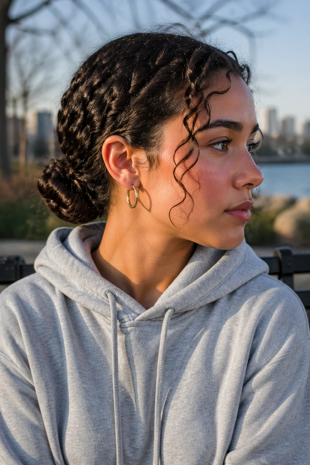 Close-up of a real woman with a low braided bun at the nape outdoors.