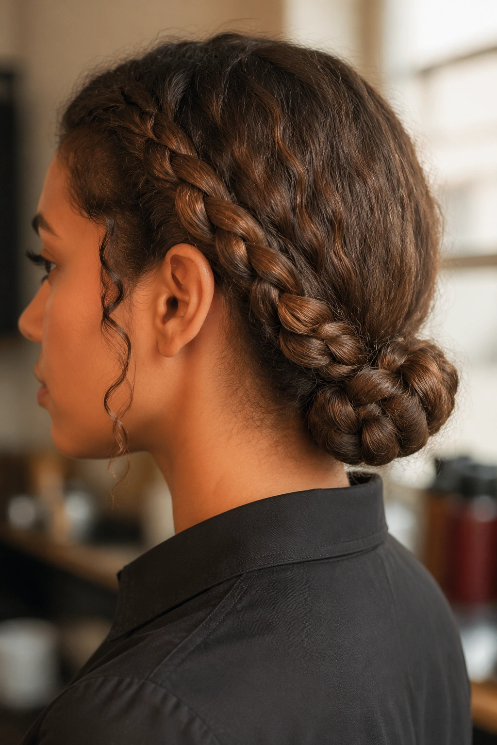 Close-up of a real person with a low braided bun at the nape in warm cafe lighting
