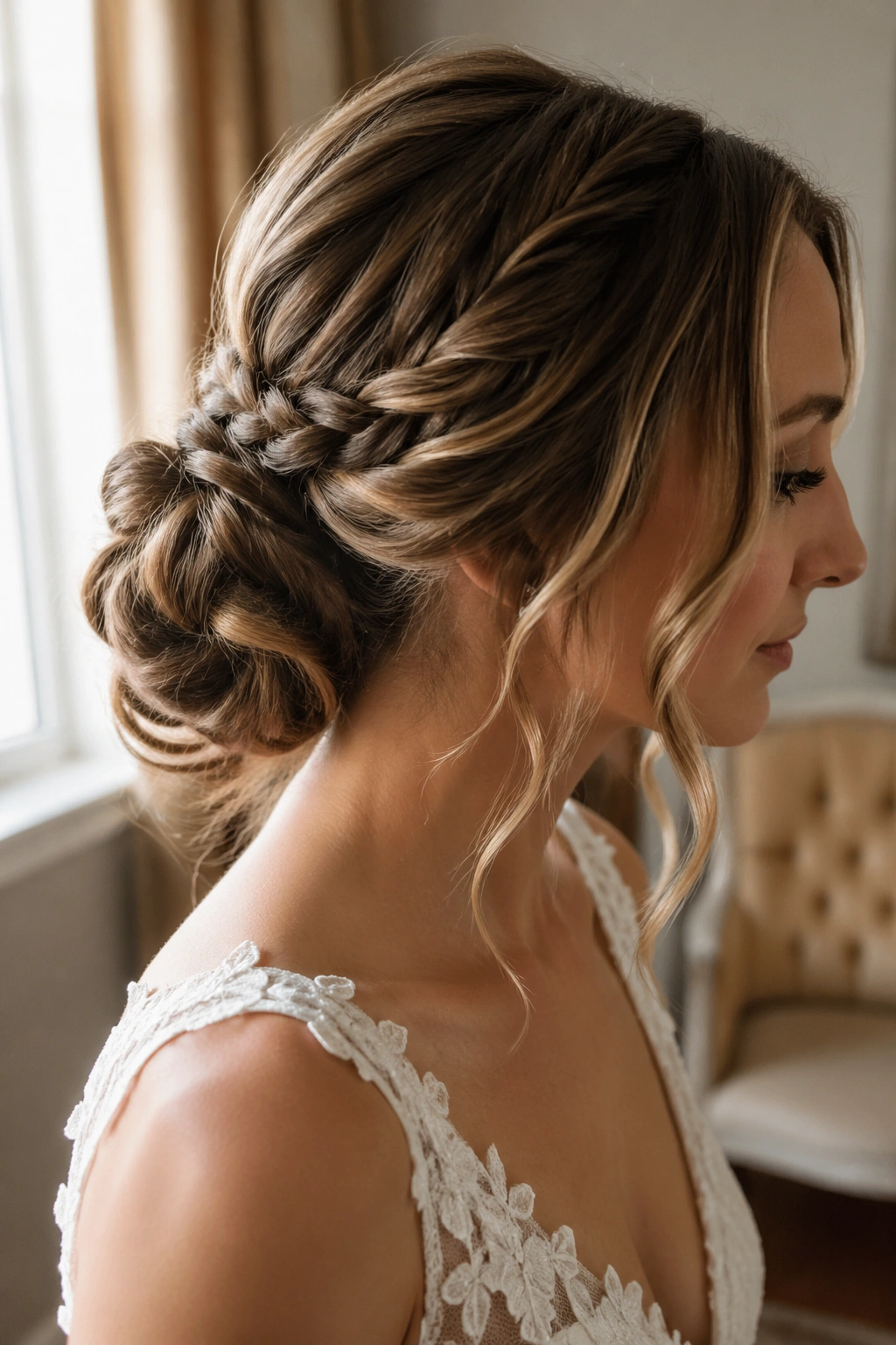 Profile view of bride with low braided bun at nape