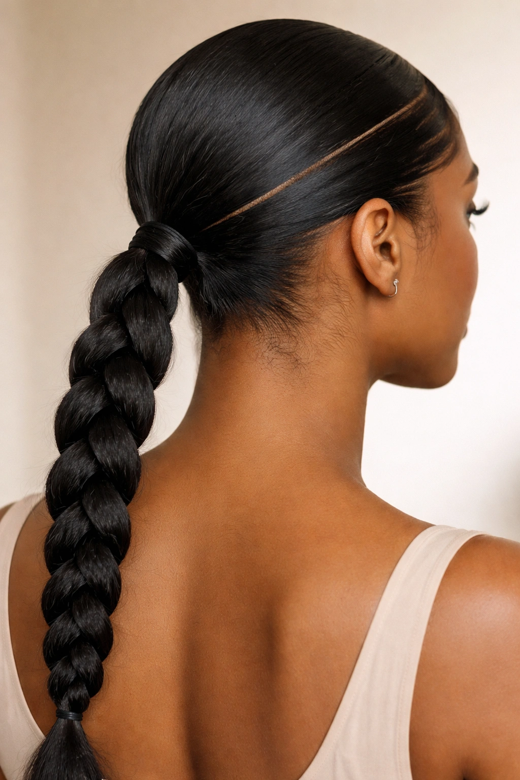 Low braided ponytail with clean partings and a crisp braid