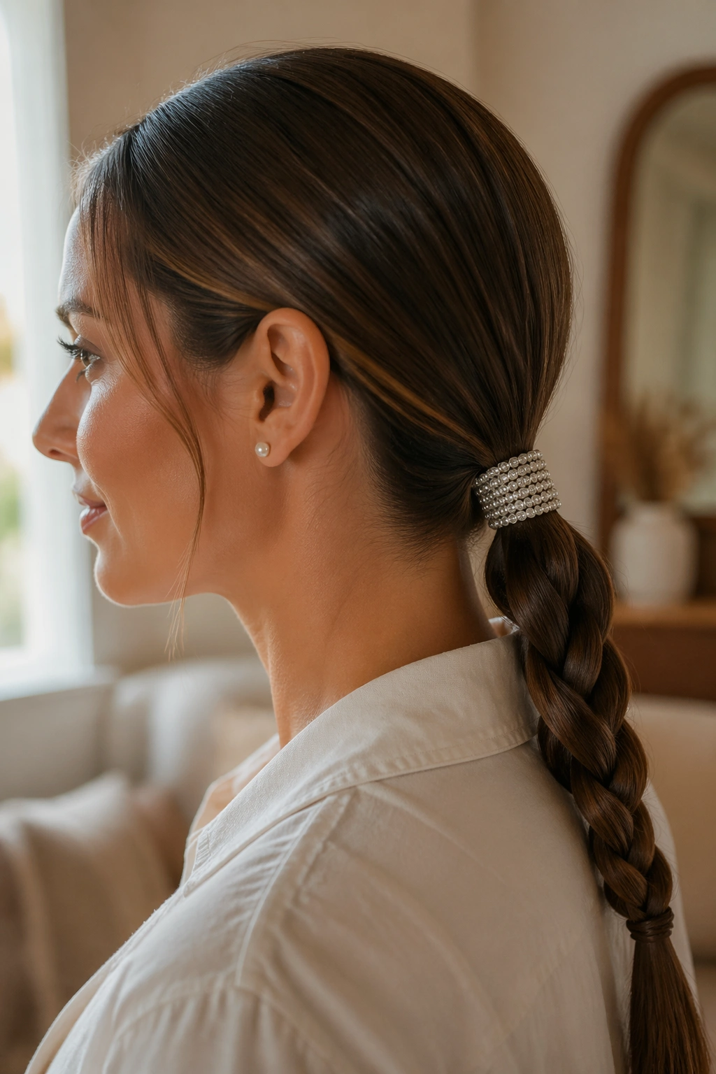 Side profile of low braided ponytail with crystal wrap on a real person.