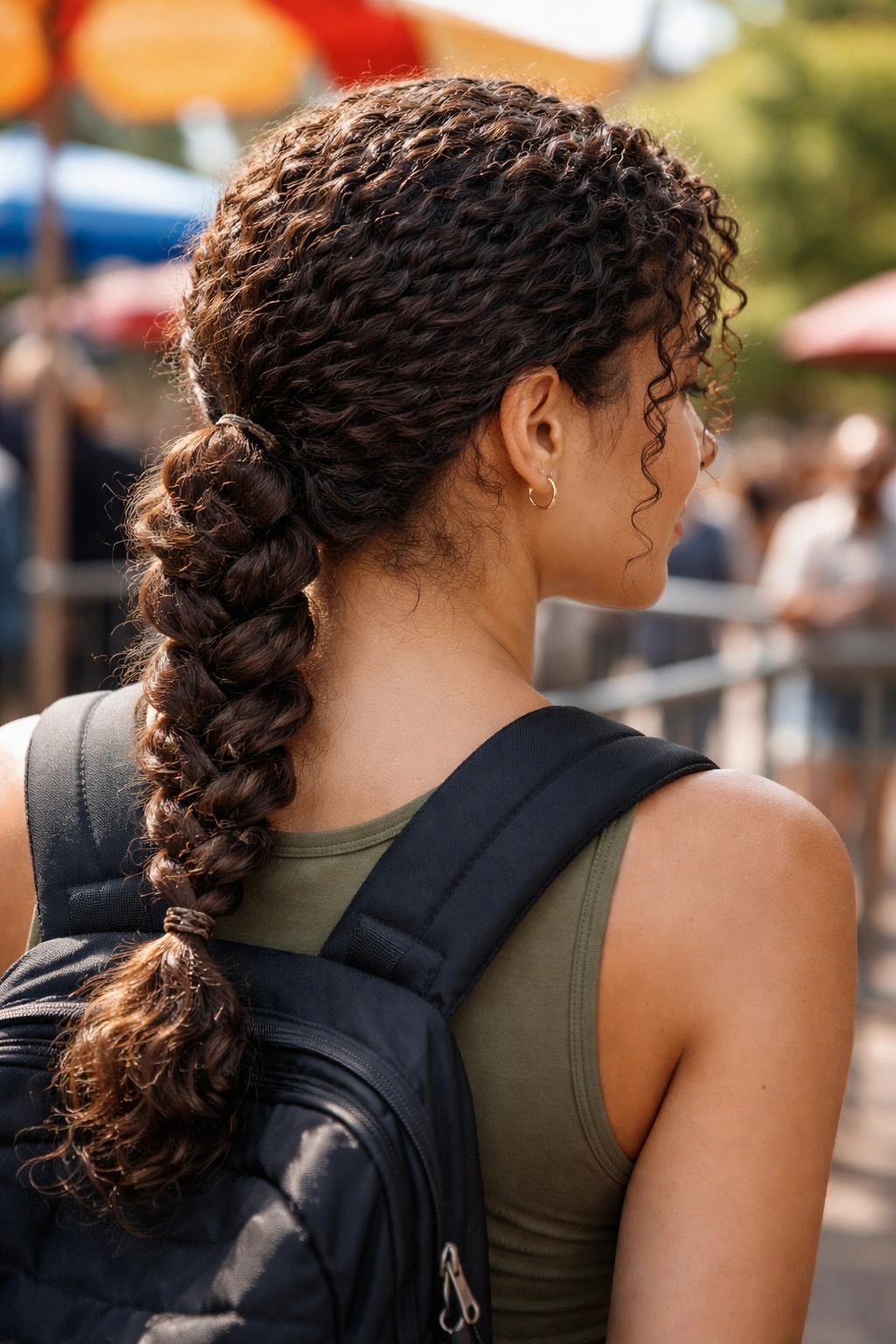 Close-up portrait of a real person with a low braided ponytail at a theme park