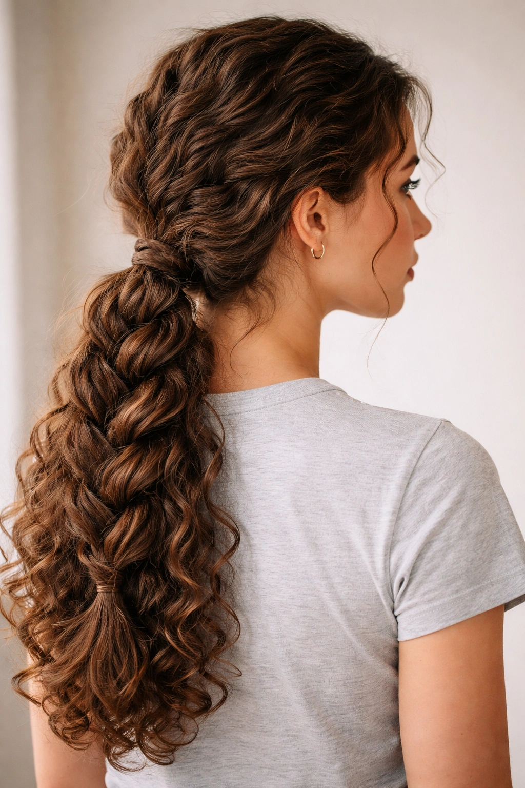 Portrait of long curly hair in a low braided ponytail at the nape