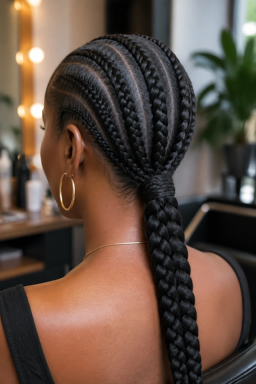 Back-of-head view of a real woman with a sleek low braided ponytail at the nape