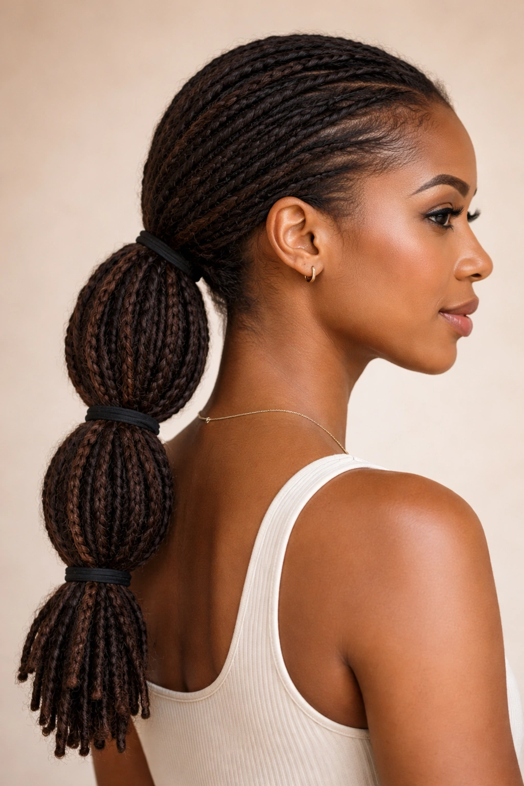 Side profile of a low bubble ponytail at the nape with cascading bubbles
