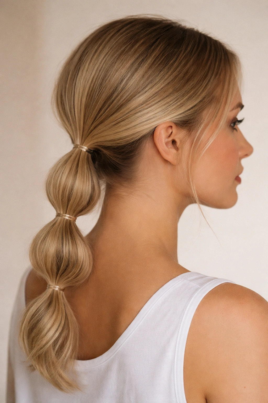 Low double bubble ponytail at the nape with compact bubbles and center part