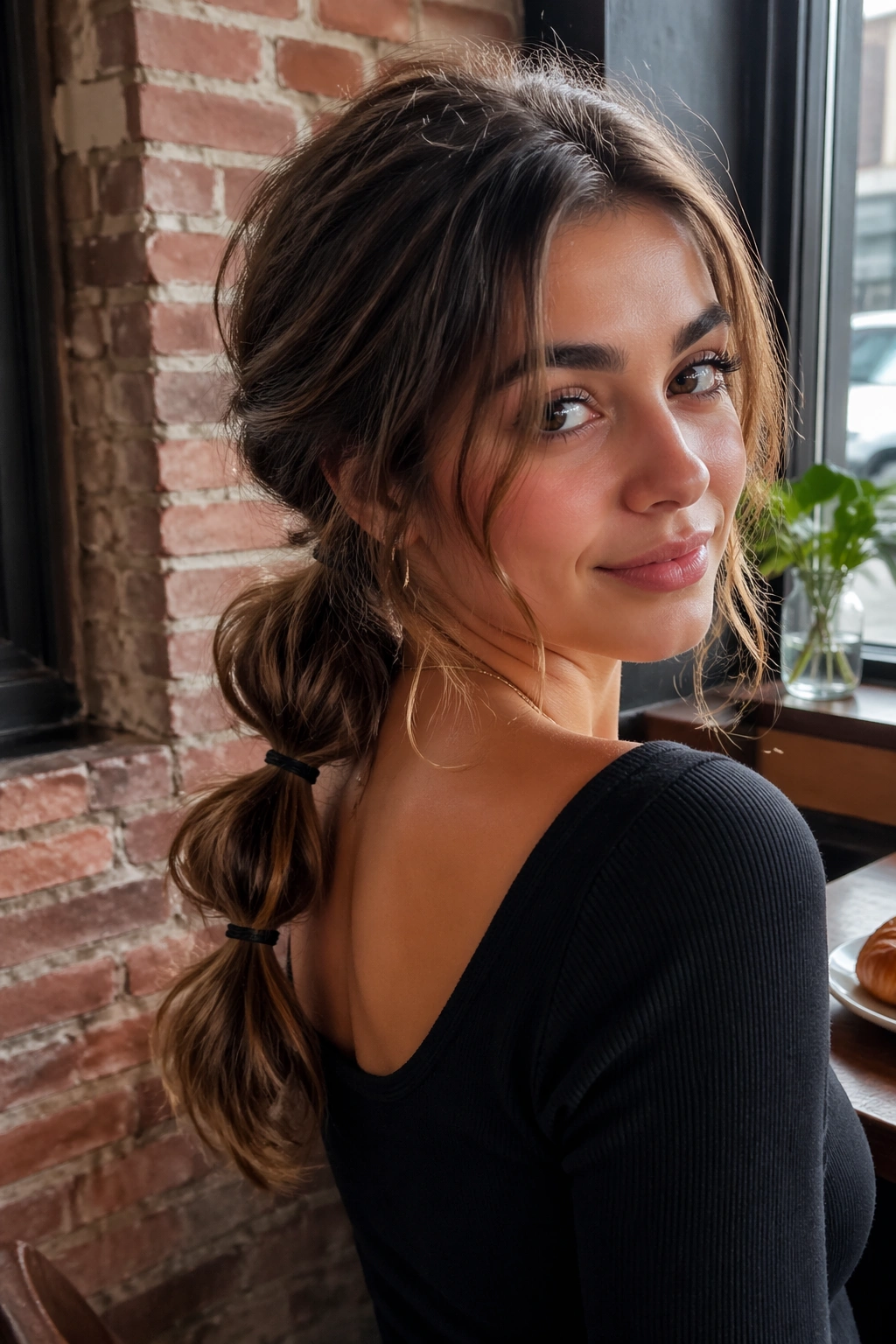 Close-up of a real woman with low bubble ponytail hairstyle