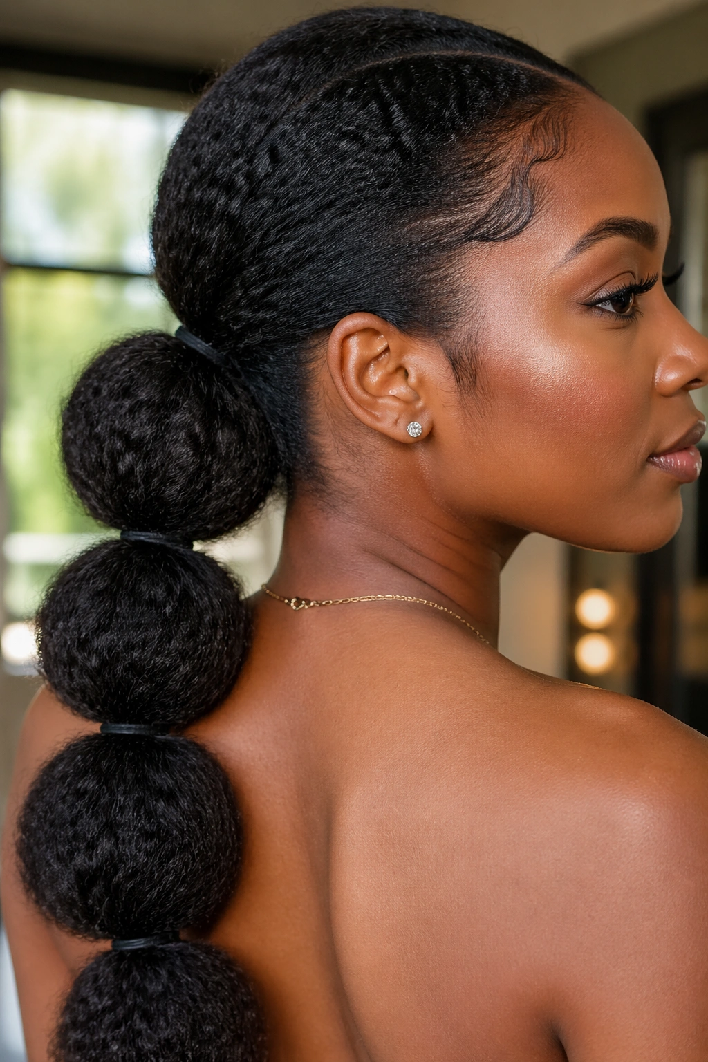 Close-up of a Black woman with a low bubble ponytail at the nape showing rounded sections