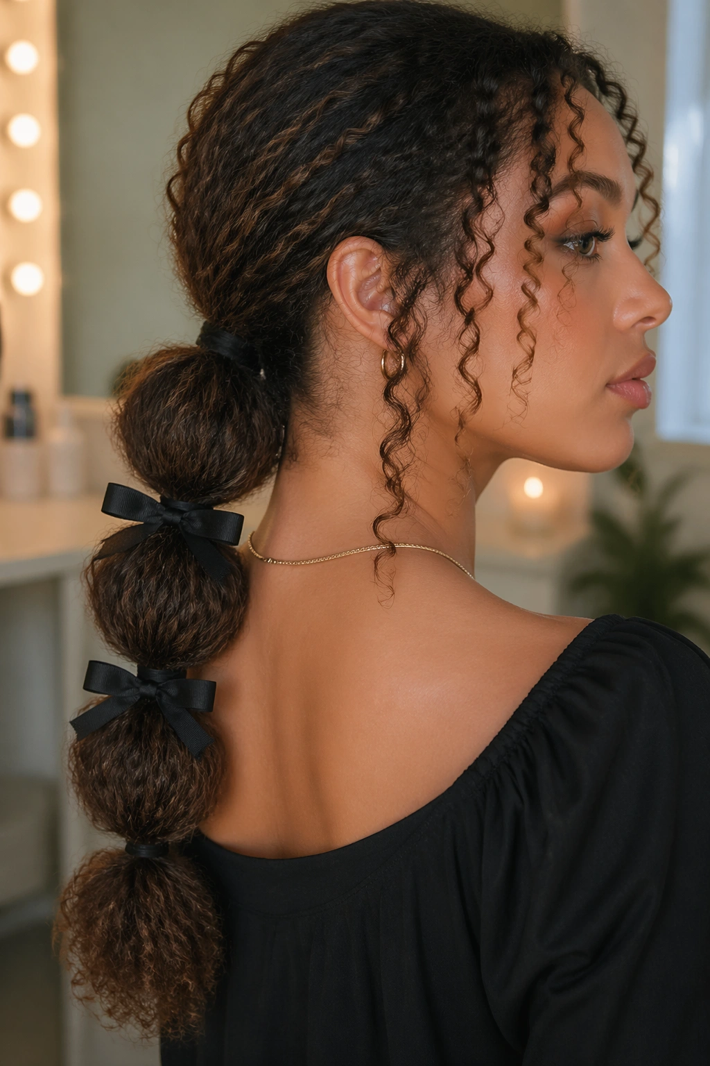 Portrait of a real woman with a low bubble ponytail and grosgrain bows