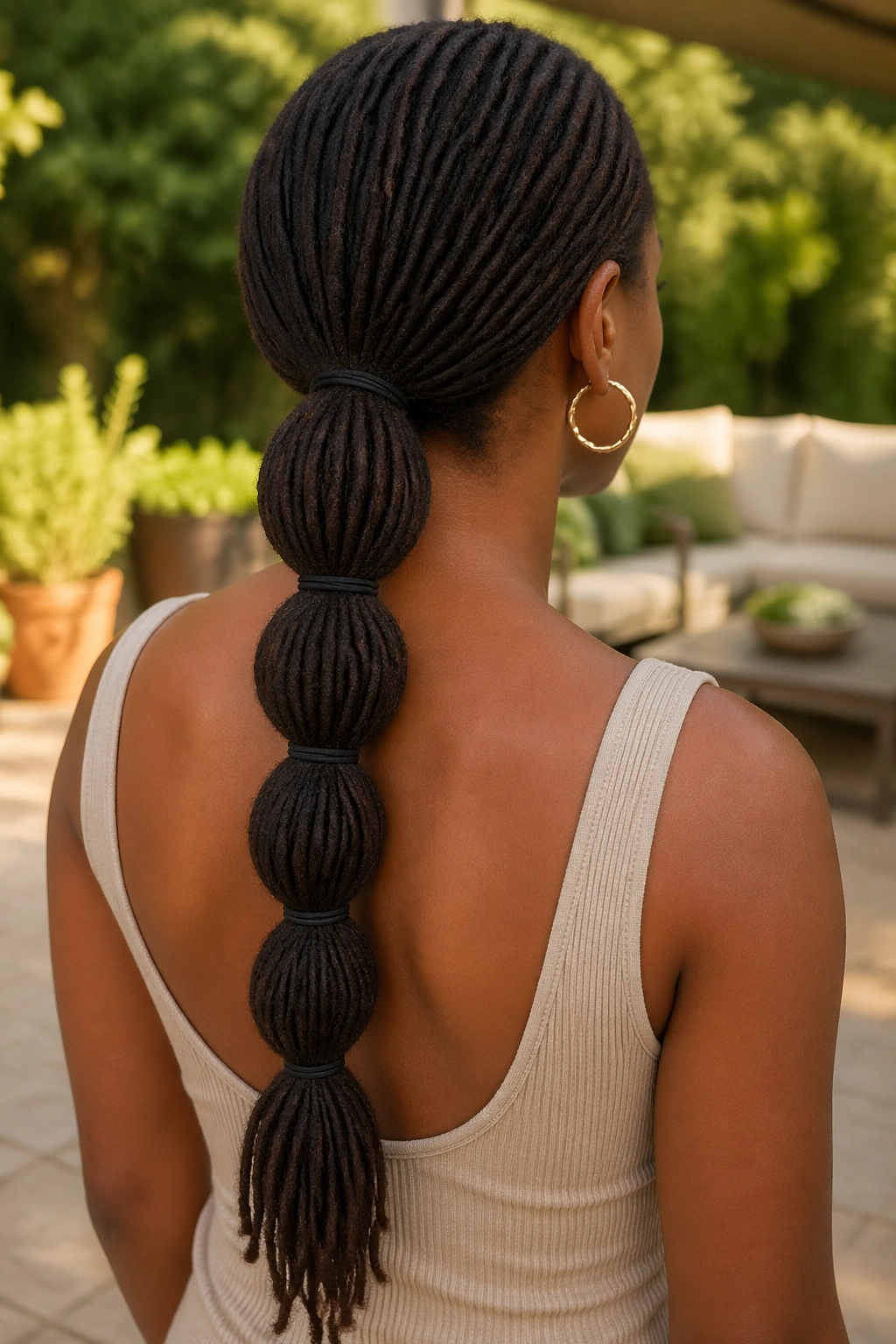 Back of head close-up of a real woman with a low bubble ponytail along the upper back