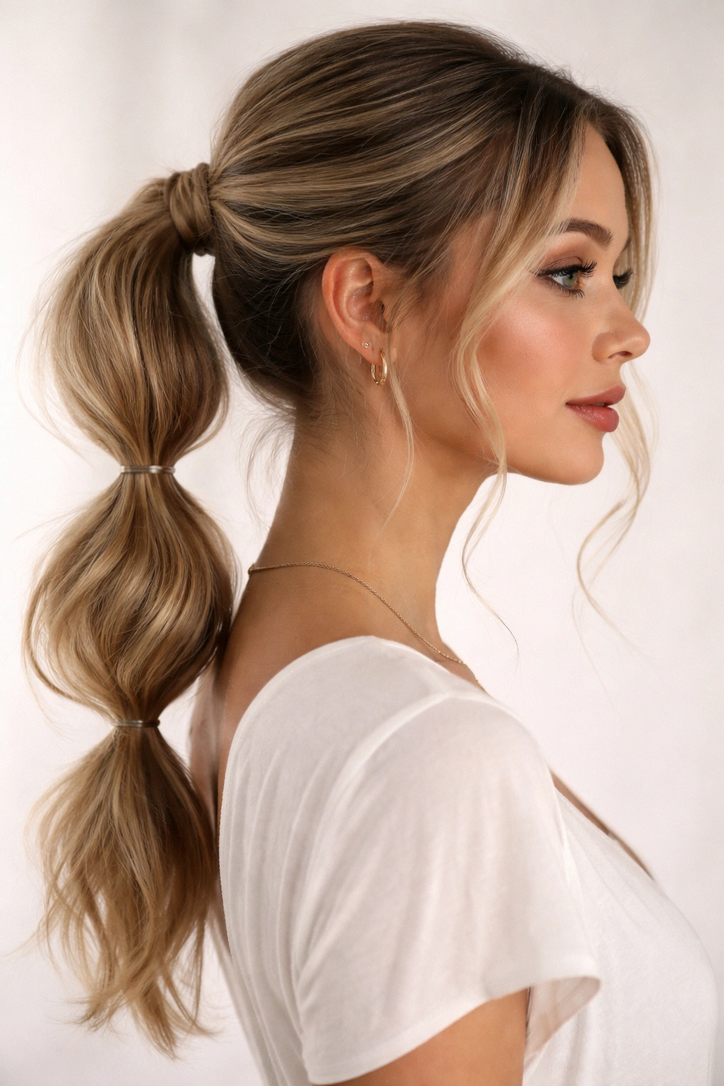 Profile view of a low bubble braid ponytail with airy tendrils curling near temples