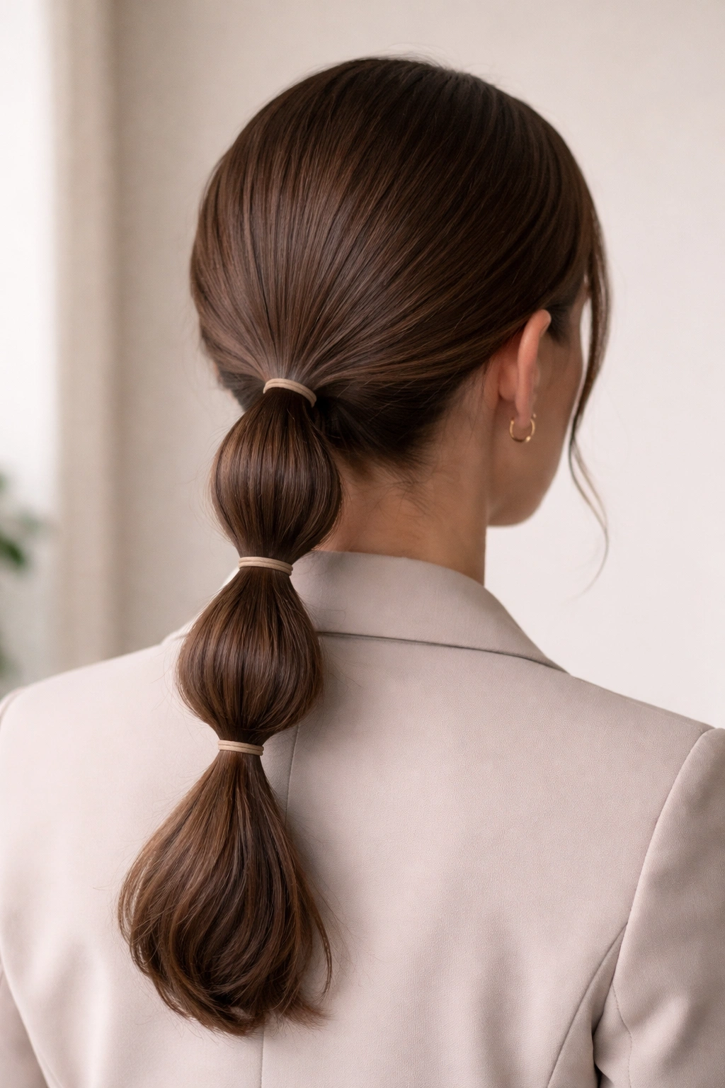 Low bubble double ponytail at the nape for work or school