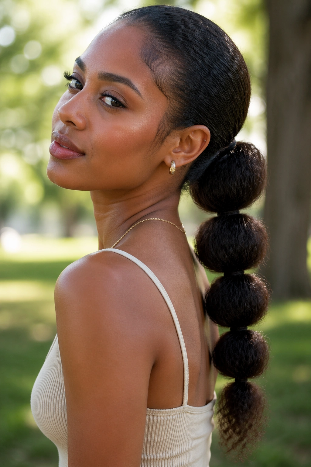 Close-up of a real woman with a low bubble puff faux ponytail in a sunny park
