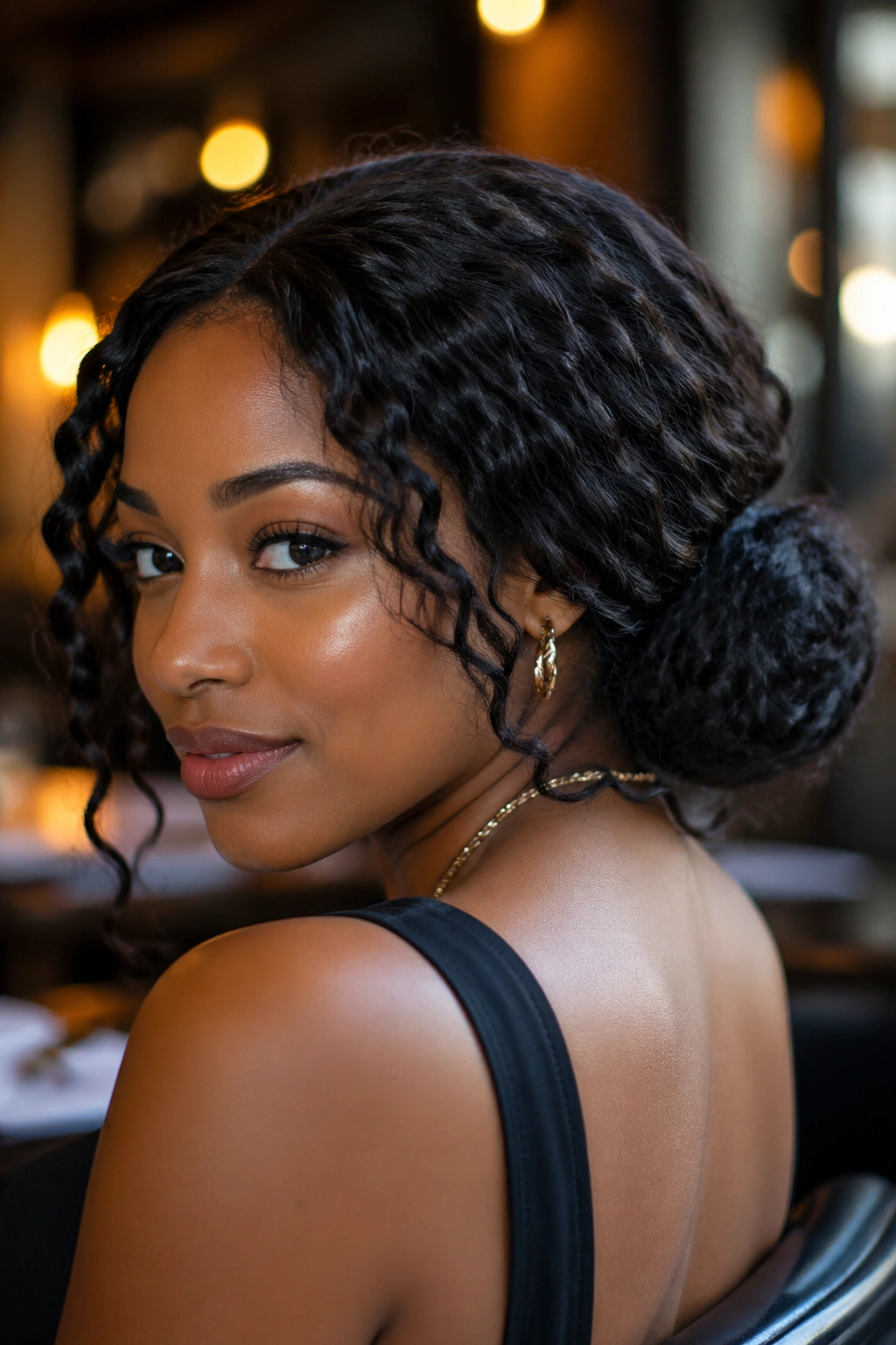 Close-up of a woman with a long wavy crochet hair in a low bun