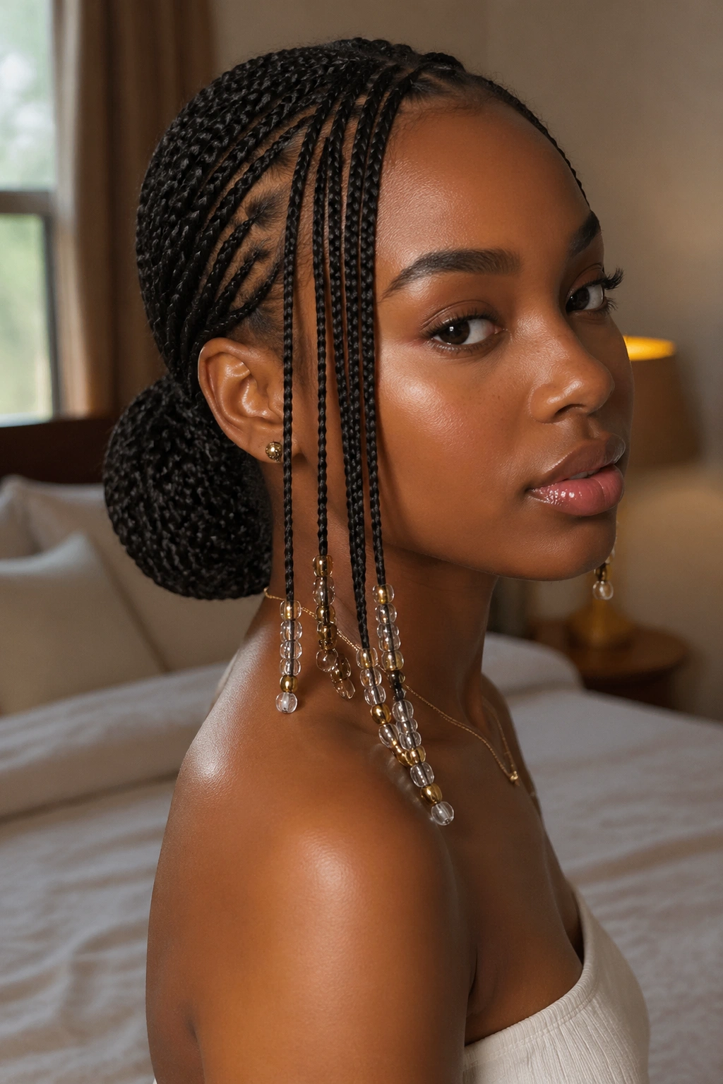 Close-up of a real person with a sleek low bun and beaded lengths, soft natural light.