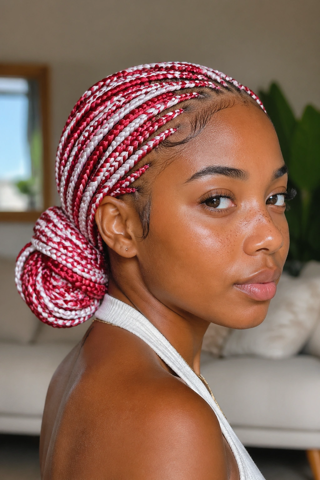 Real woman with red and white box braids styled into a low bun at the nape