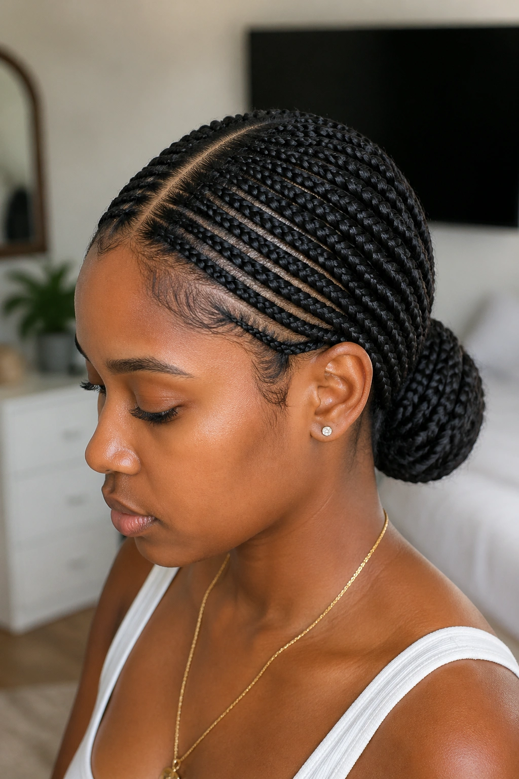 Close-up of a real woman with center-part cornrows leading to a low bun