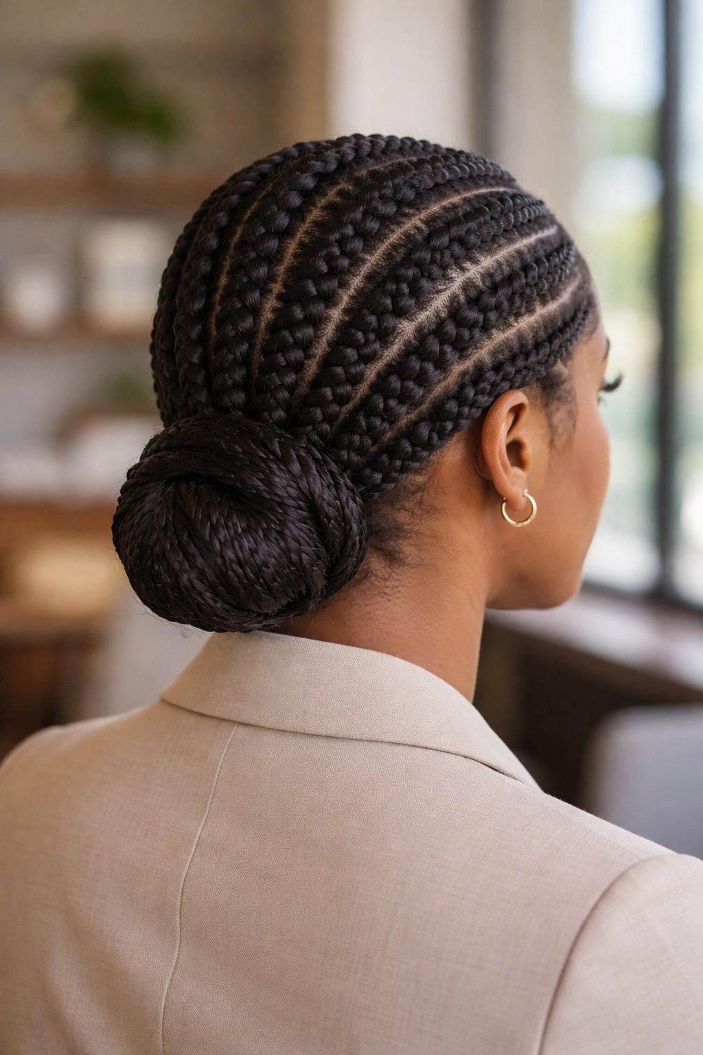 Close-up of six cornrows braided to the nape and formed into a low bun on a real person
