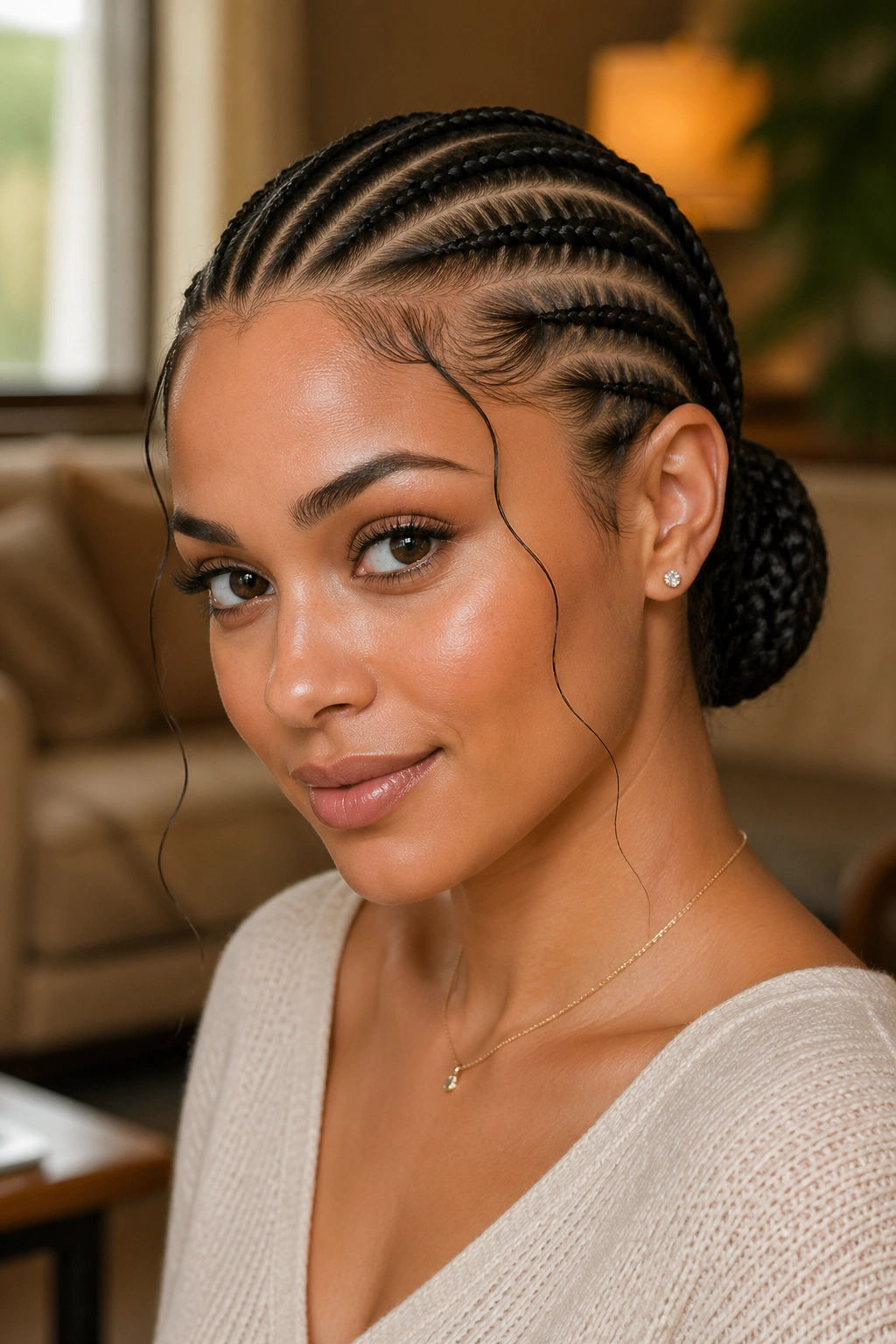 Real woman with cornrows gathered into a low bun at the nape