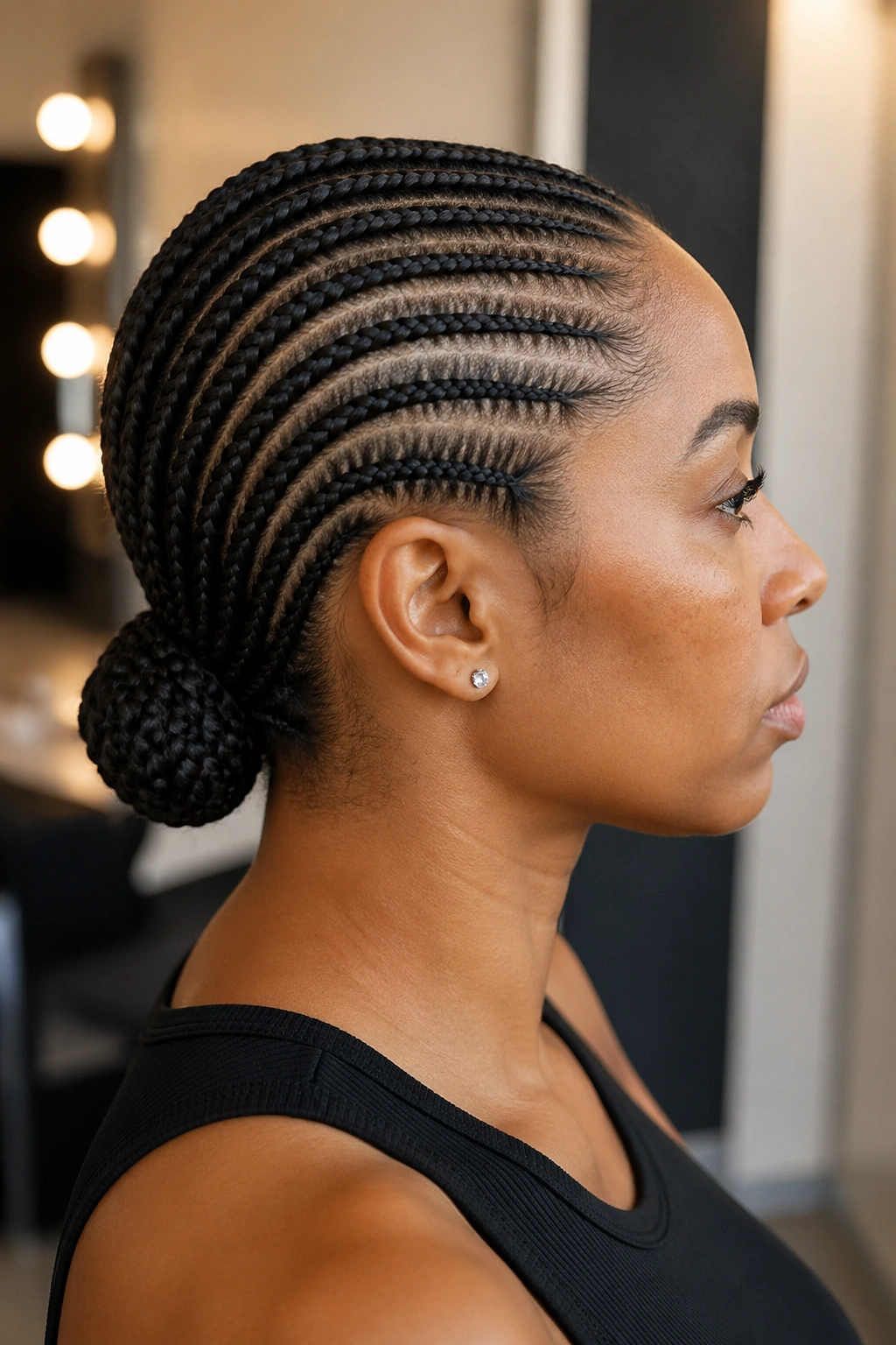 Close-up of a real person with cornrows gathered into a low bun at the nape